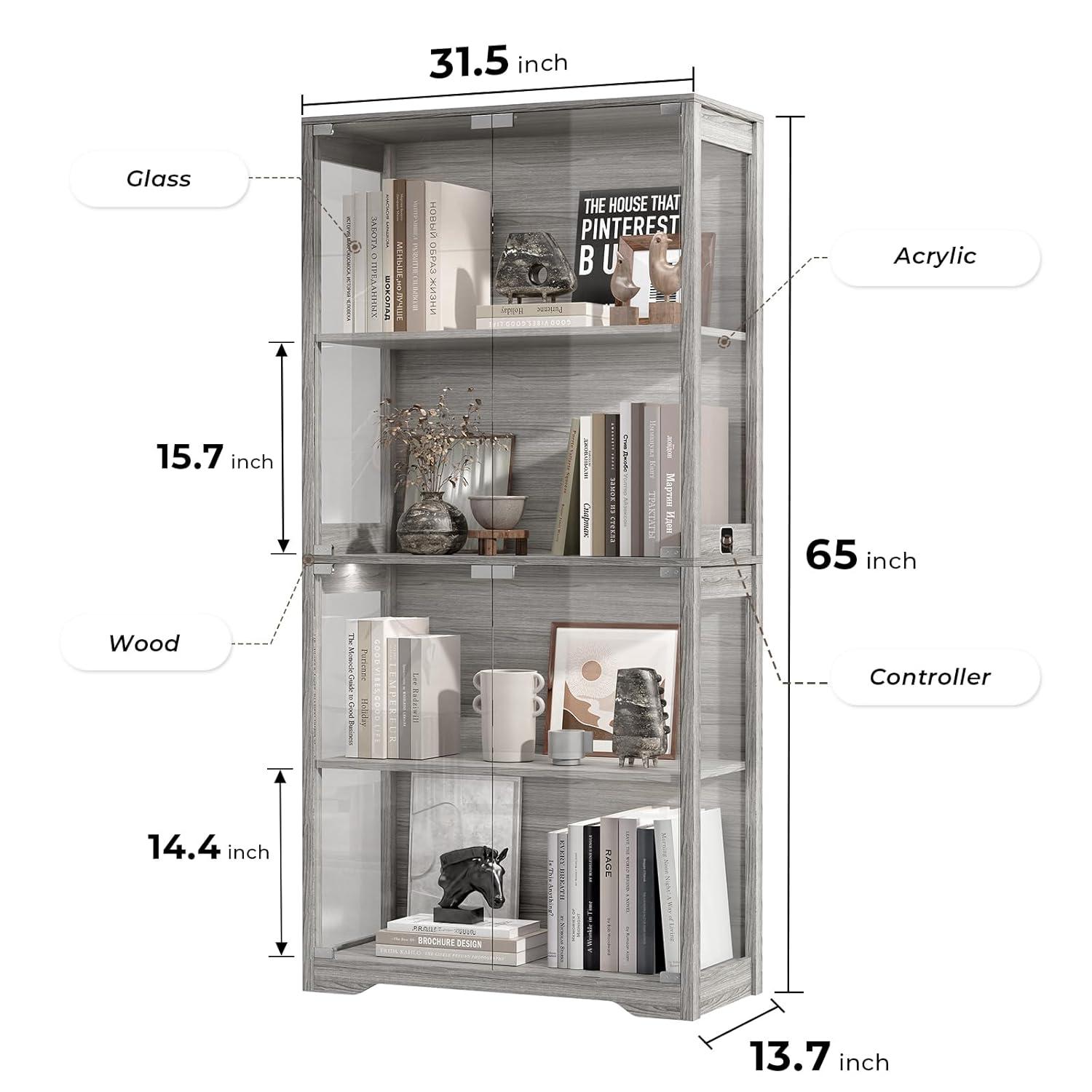 Ivy Bronx Display Cabinet with Glass Doors, 4-Tier Curio Cabinet&Bookcase with 3 Color Light for Collectibles