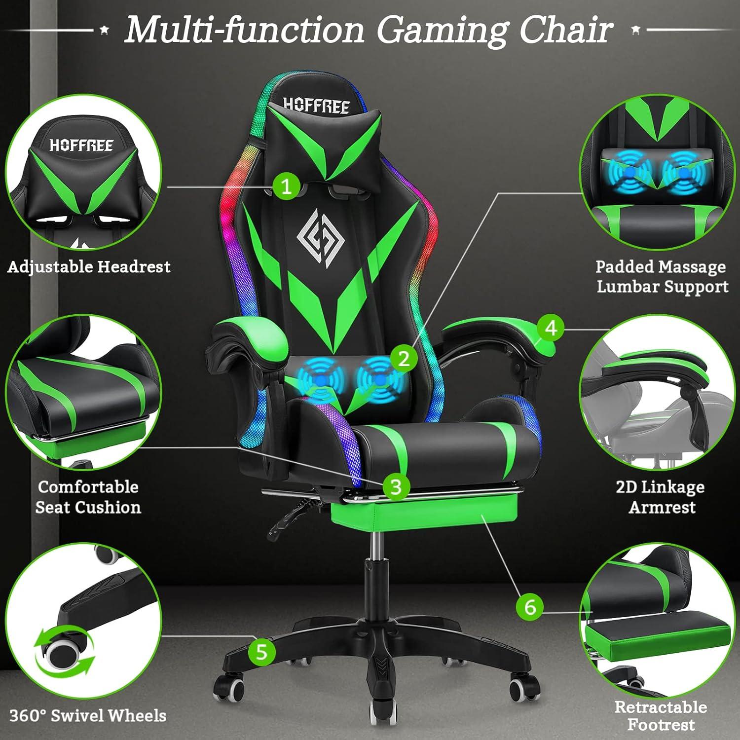 Ergonomic Black and Green Leather Gaming Chair with LED Lights