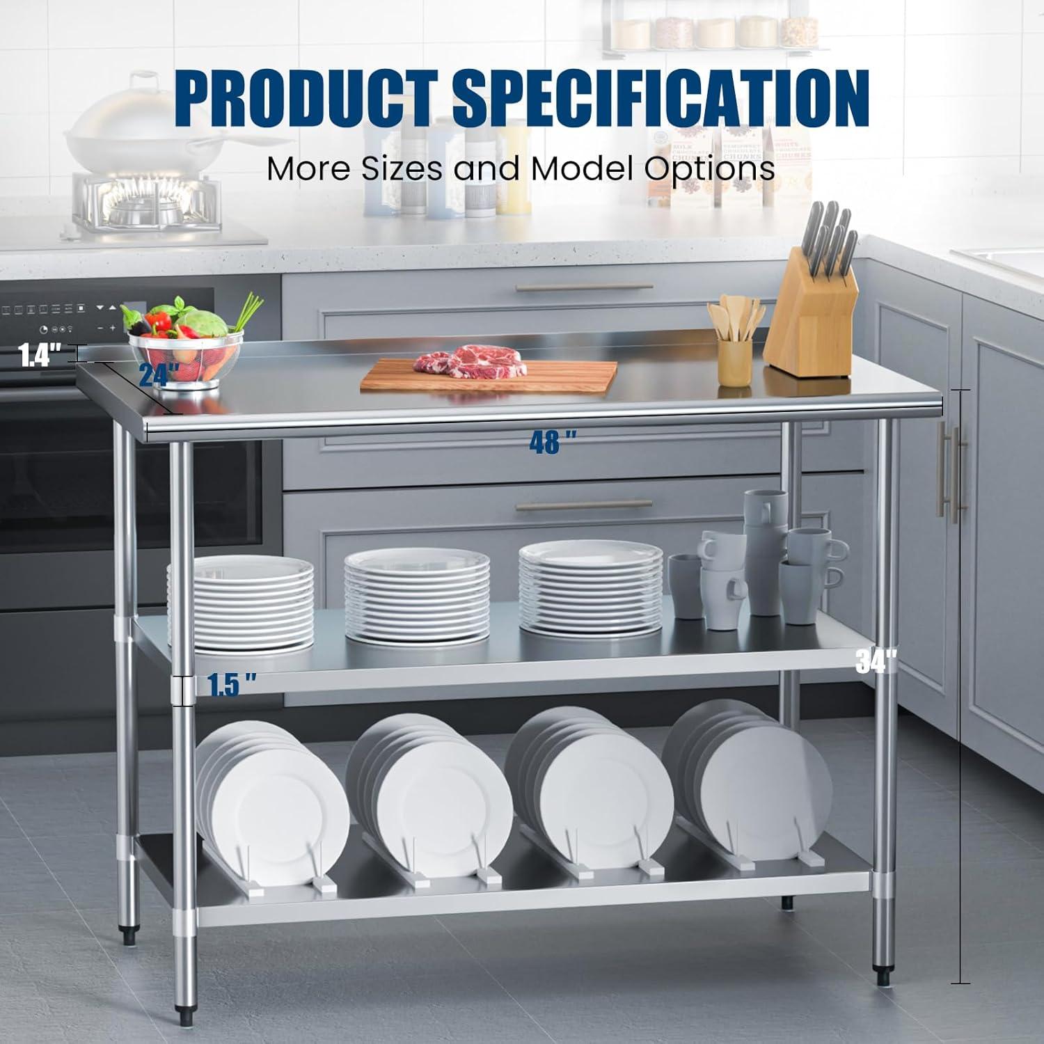 Stainless Steel 48" Work Table with Backsplash and Shelves