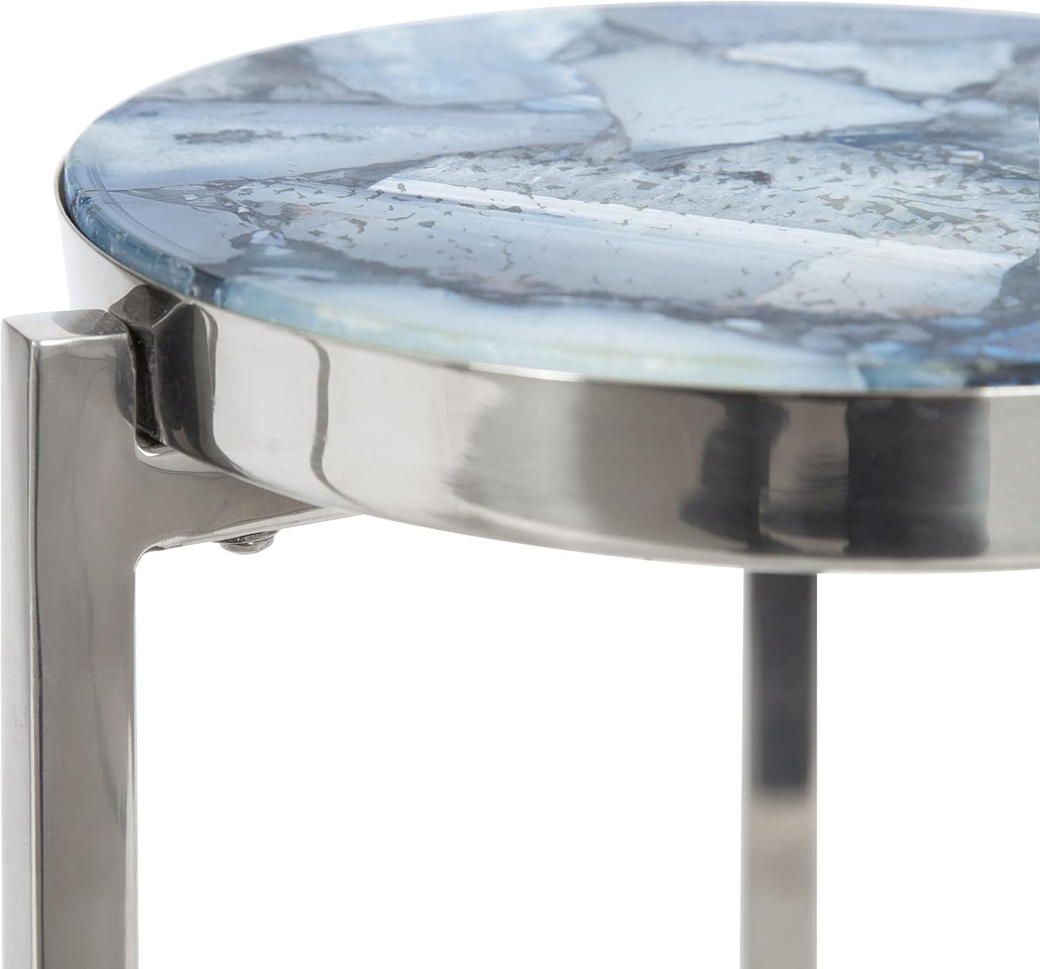 Aguilar Blue Agate Stone and Silver Metal Round Drink Table