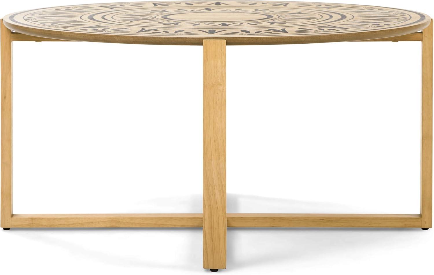 Natural Wood and Metal Round Coffee Table with Floral Design