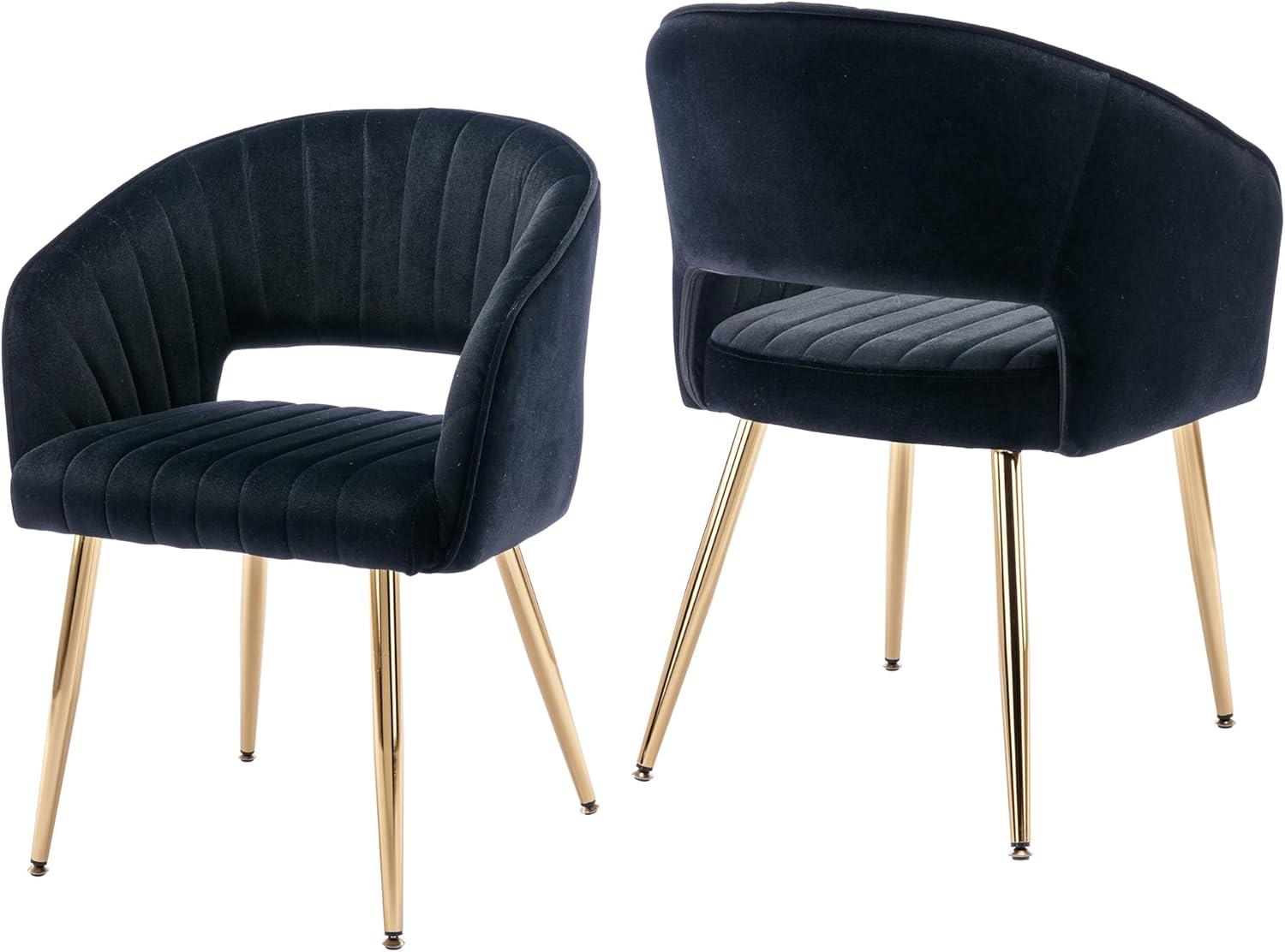 Guyou Modern Velvet Dining Chair Set of 2, Upholstered Accent Armchair with Hollow Back and Gold Metal Legs for Living Room Dining Room Kitchen Reception Room, Black