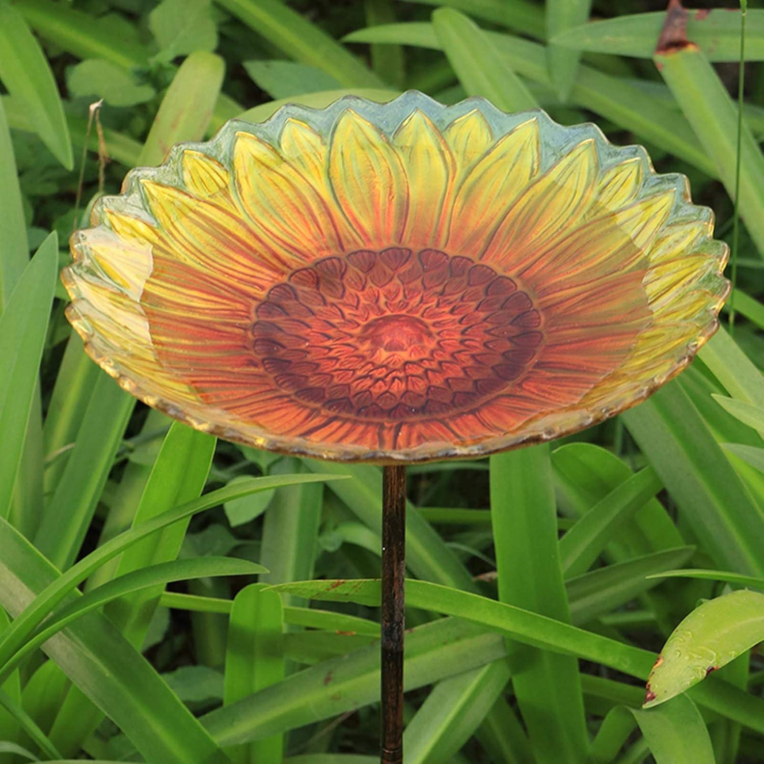 Yellow Sunflower Glass Bird Bath with Metal Stake