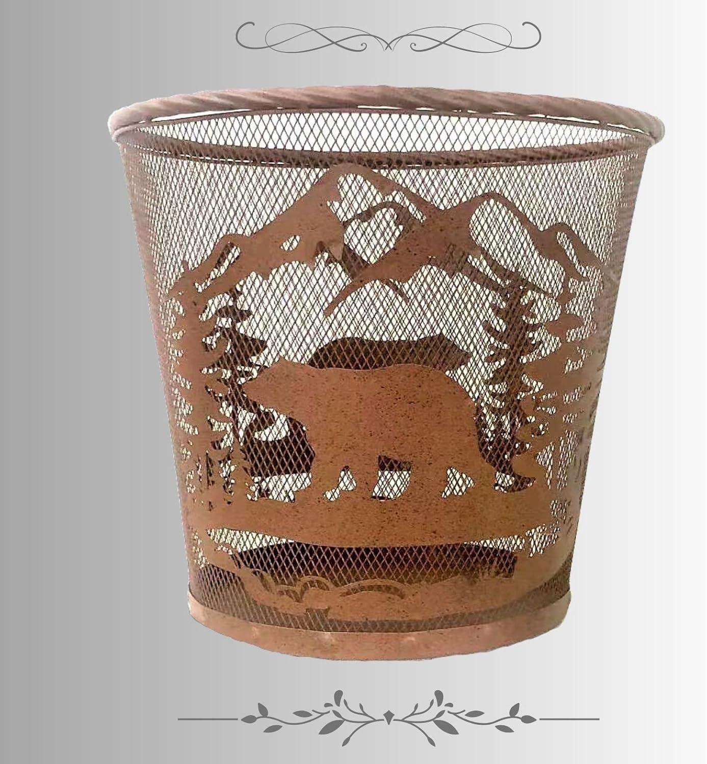 Rustic Brown Metal Mesh Bear Forest Waste Basket