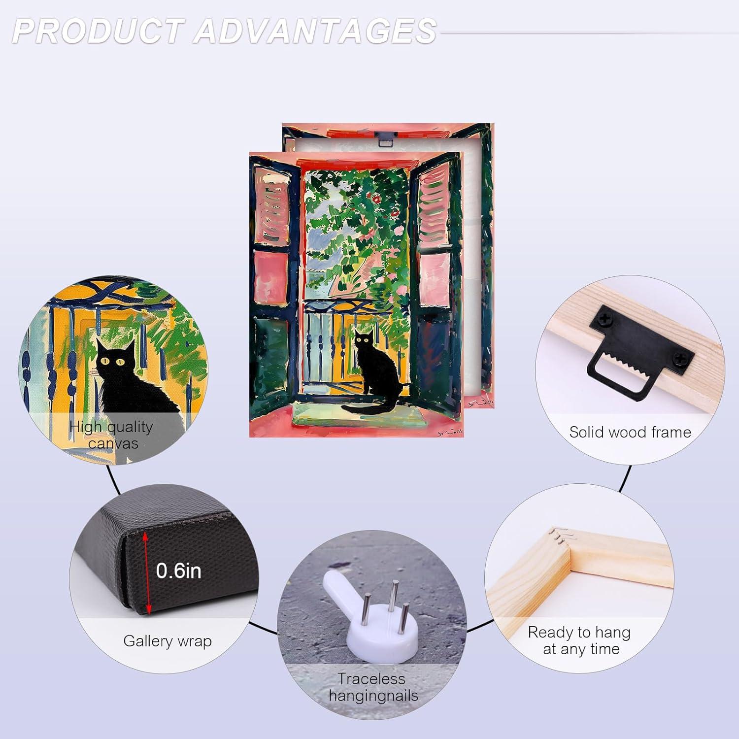 Henri Matisse Oil Paintings on Canvas Wall Art Matisse Famous Open Window Black Cat Poster Funny Cat Floral Print Colorful Farmhouse Gallery Aesthetic Room Decor for Bedroom Bathroom 12x16in Unframed