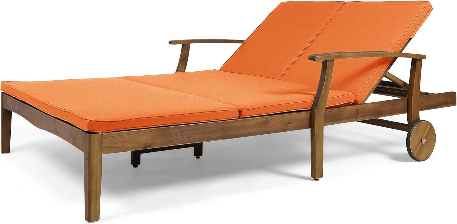 Teak Double Chaise Lounge with Orange Cushions