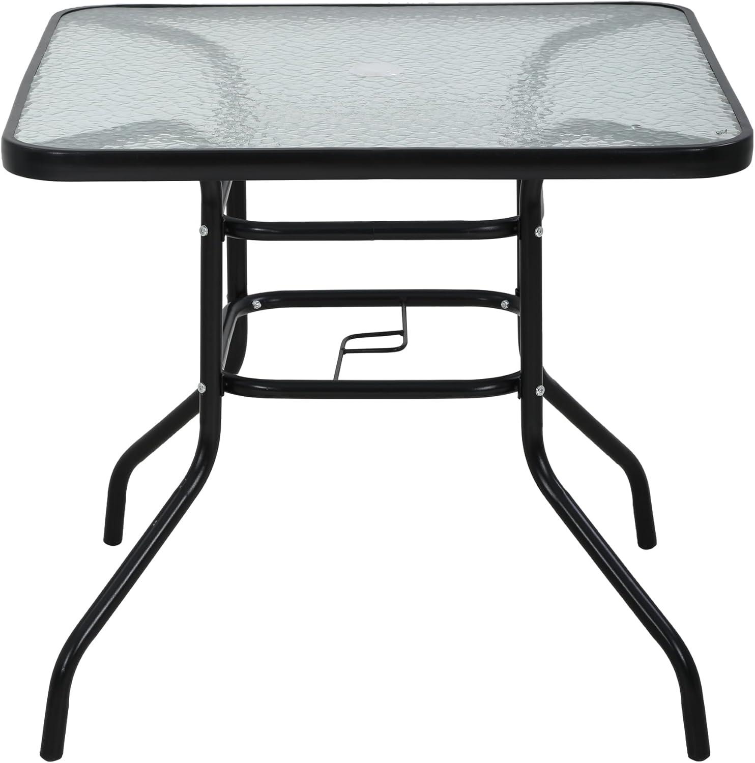 Square Outdoor Table, Patio Table with Umbrella Hole, Patio Dining Table with Tempered Glass, Outdoor Dining Tables, Square Patio Table for Balcony, Backyard, Poolside, Sunroom, Patio Tables, Black