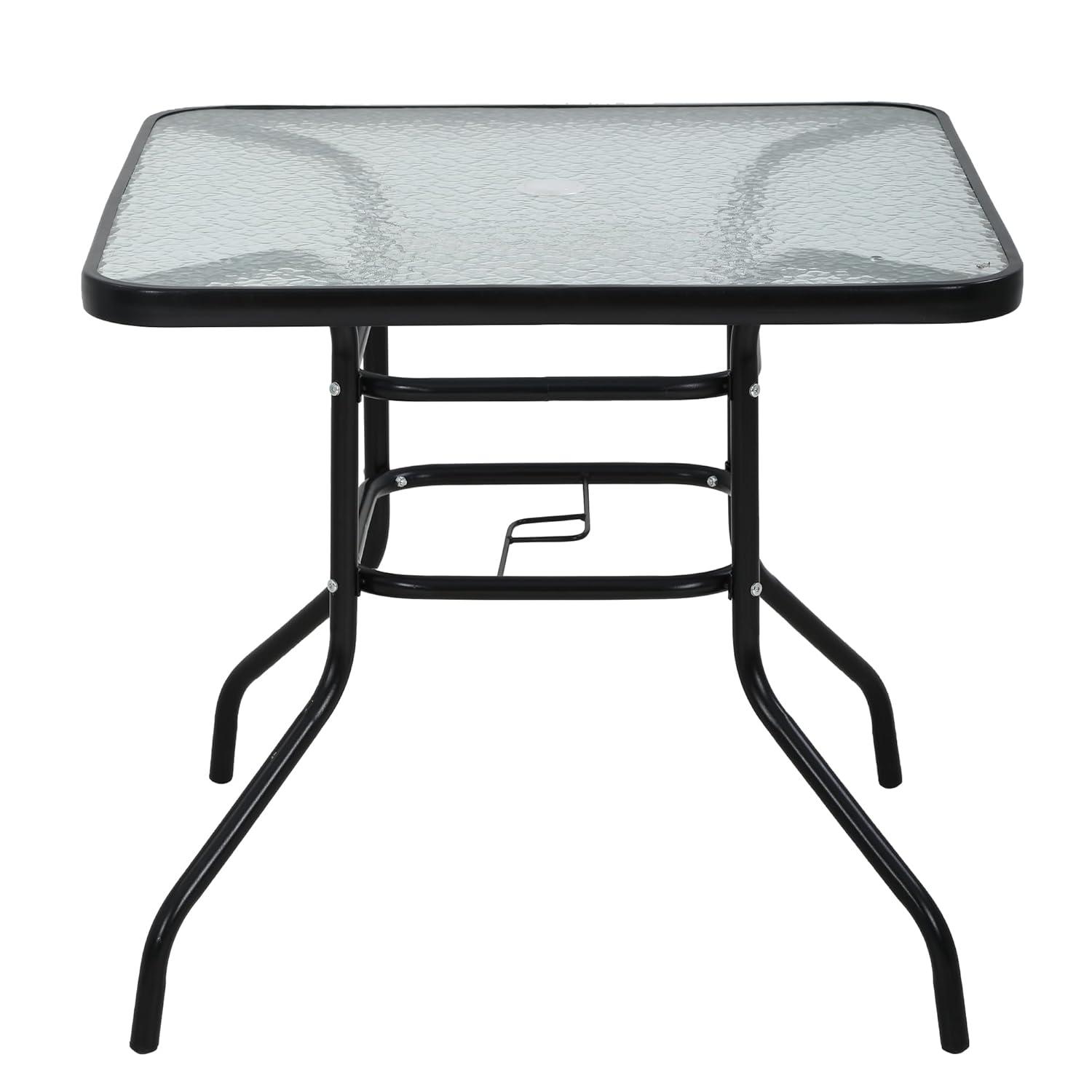 Square Outdoor Table, Patio Table with Umbrella Hole, Patio Dining Table with Tempered Glass, Outdoor Dining Tables, Square Patio Table for Balcony, Backyard, Poolside, Sunroom, Patio Tables, Black