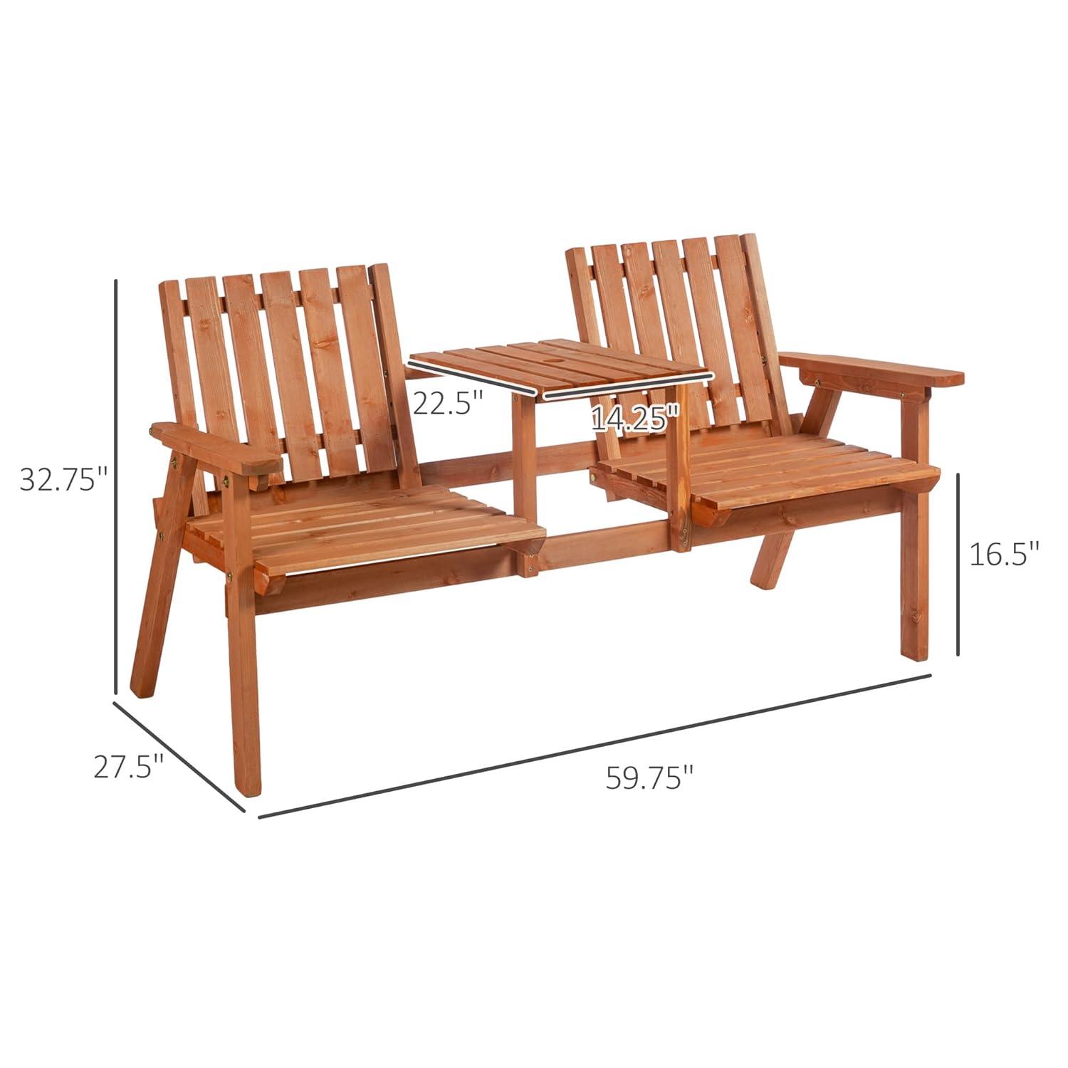 Outsunny Patio Bench, Wood Garden Bench with Center Table & Umbrella Hole, Wooden Outdoor 2 Chair Set, Slatted, Varnished, Orange