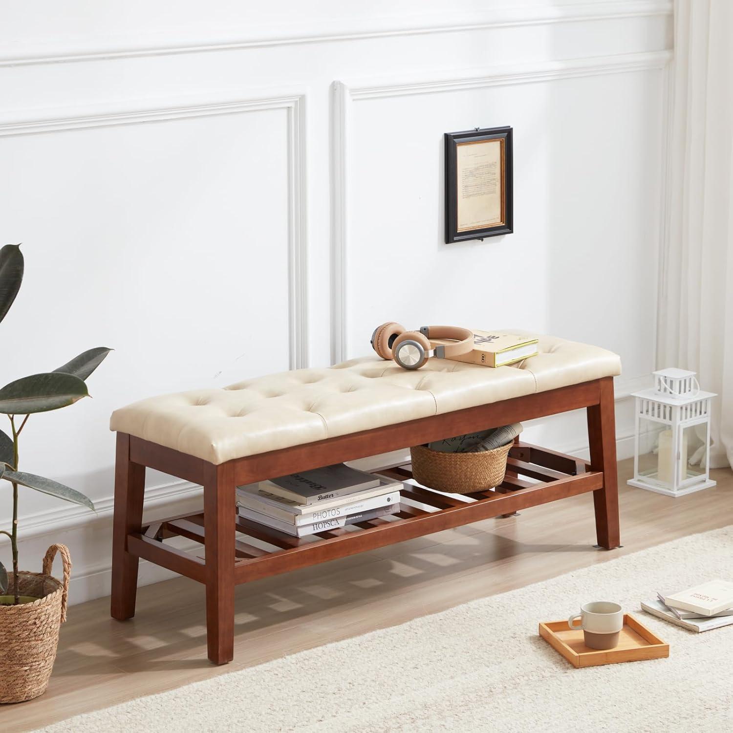 Ivory Faux Leather Upholstered Bench with Oak Frame and Storage Shelf