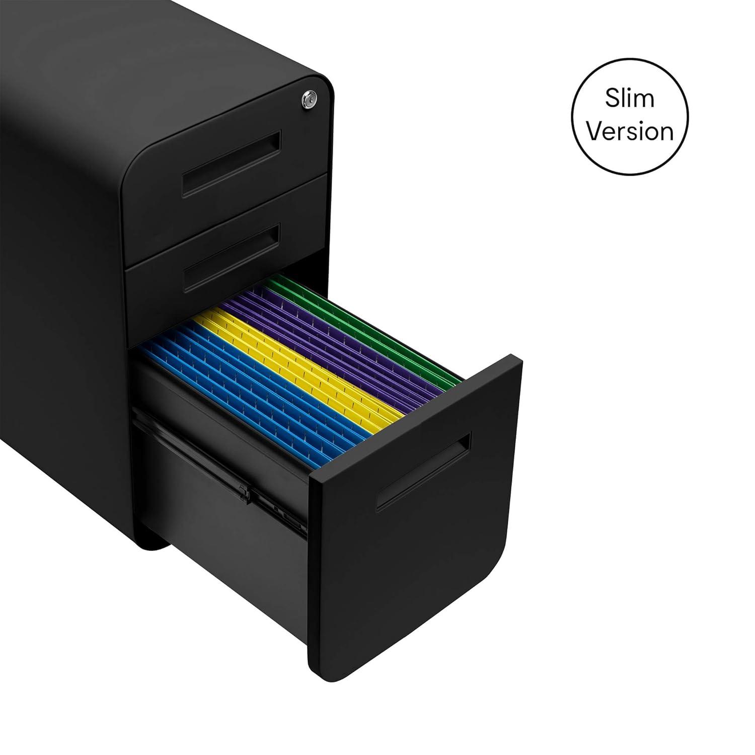 Laura Davidson Furniture Stockpile Slim 3-Drawer Mobile File Cabinet with Lock - Under Desk Metal Filing Cabinet, Legal/Letter File Folders, Wheels and Stationary Feet, Pre-Assembled, All Black