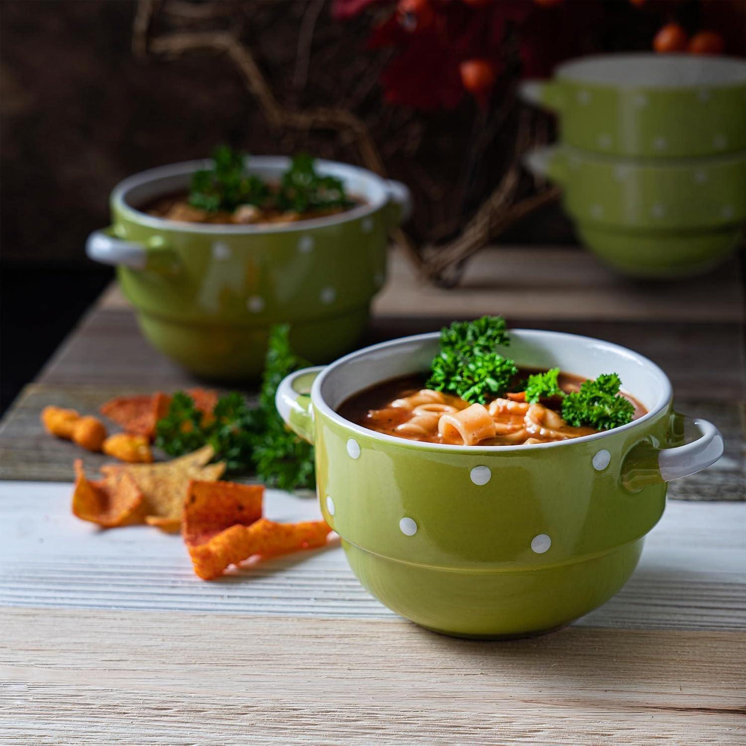 Ecodeco Soup Bowls with Handles Ceramic, Green, 16 oz, Set of 4