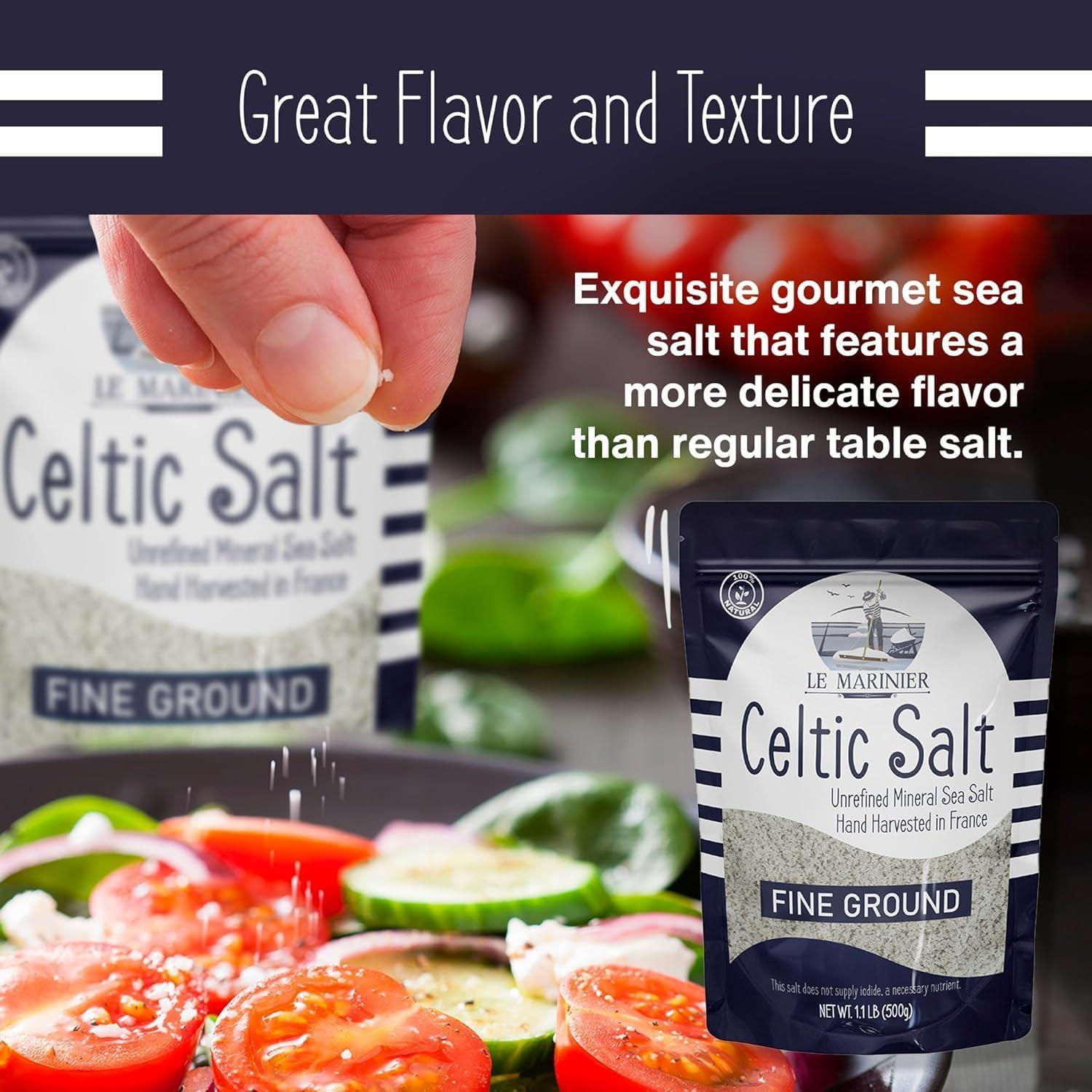 Le Marinier Celtic Salt Fine Ground, 1.1lb - 18oz. Unrefined French Sea Salt 100% Natural, Hand Harvested Mineral Celtic Salt (1.1lb Fine Ground)