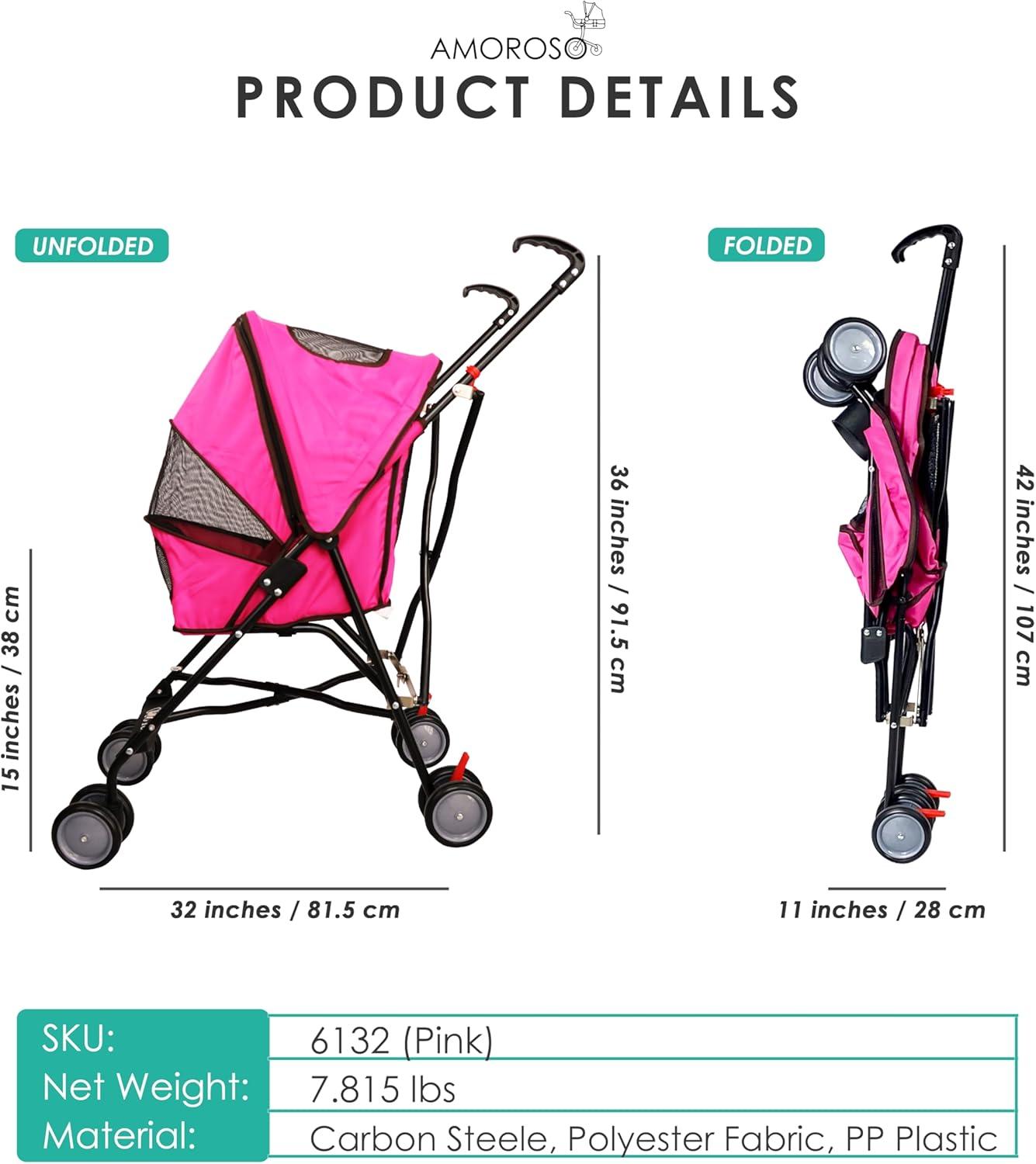 Amoroso Umbrella Pet Stroller Pink for Female and Male Cats and Dogs