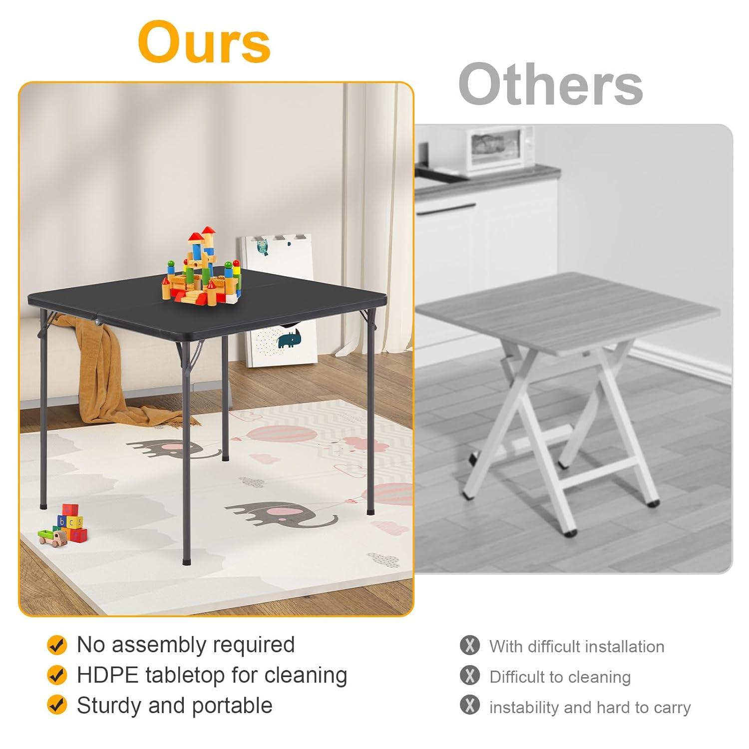 Amazon Basics 34 inch Portable Folding Dining Table with Carrying Handle, Black, 33.9 x 29.1 x 33.9 inch, Square