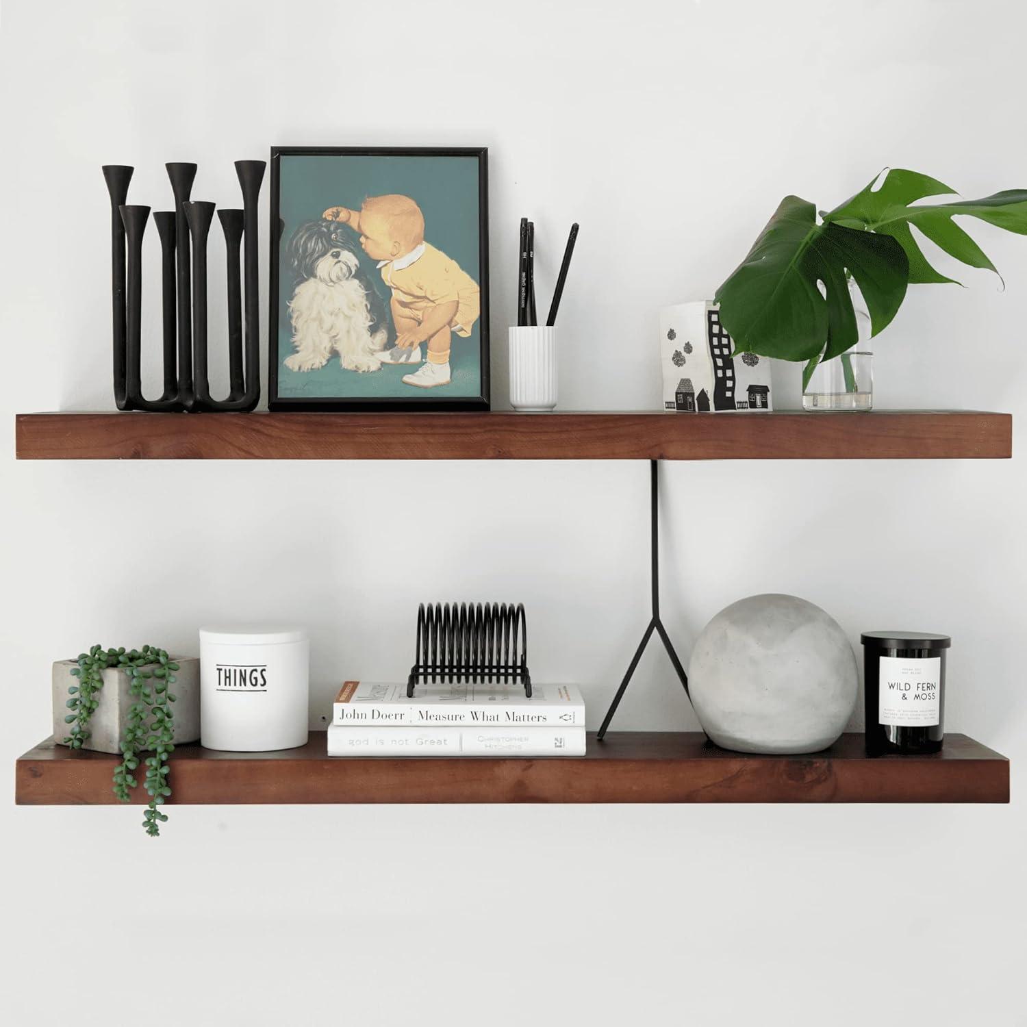 American Walnut Rustic Floating Wall Shelves Set of 2