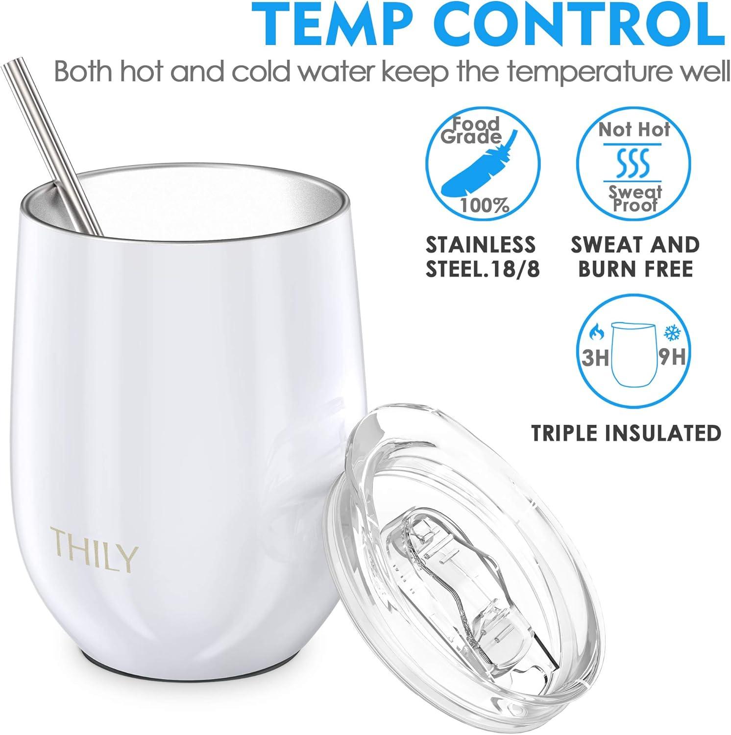 Stainless Steel Insulated Wine Tumbler - THILY 4 Pack Stemless Wine Glasses Set with Splash-proof Lids, Metal Straws, Reusable, Keep Cold for Coffee, Drinks, Cocktails, Christmas Gifts, Pearl White