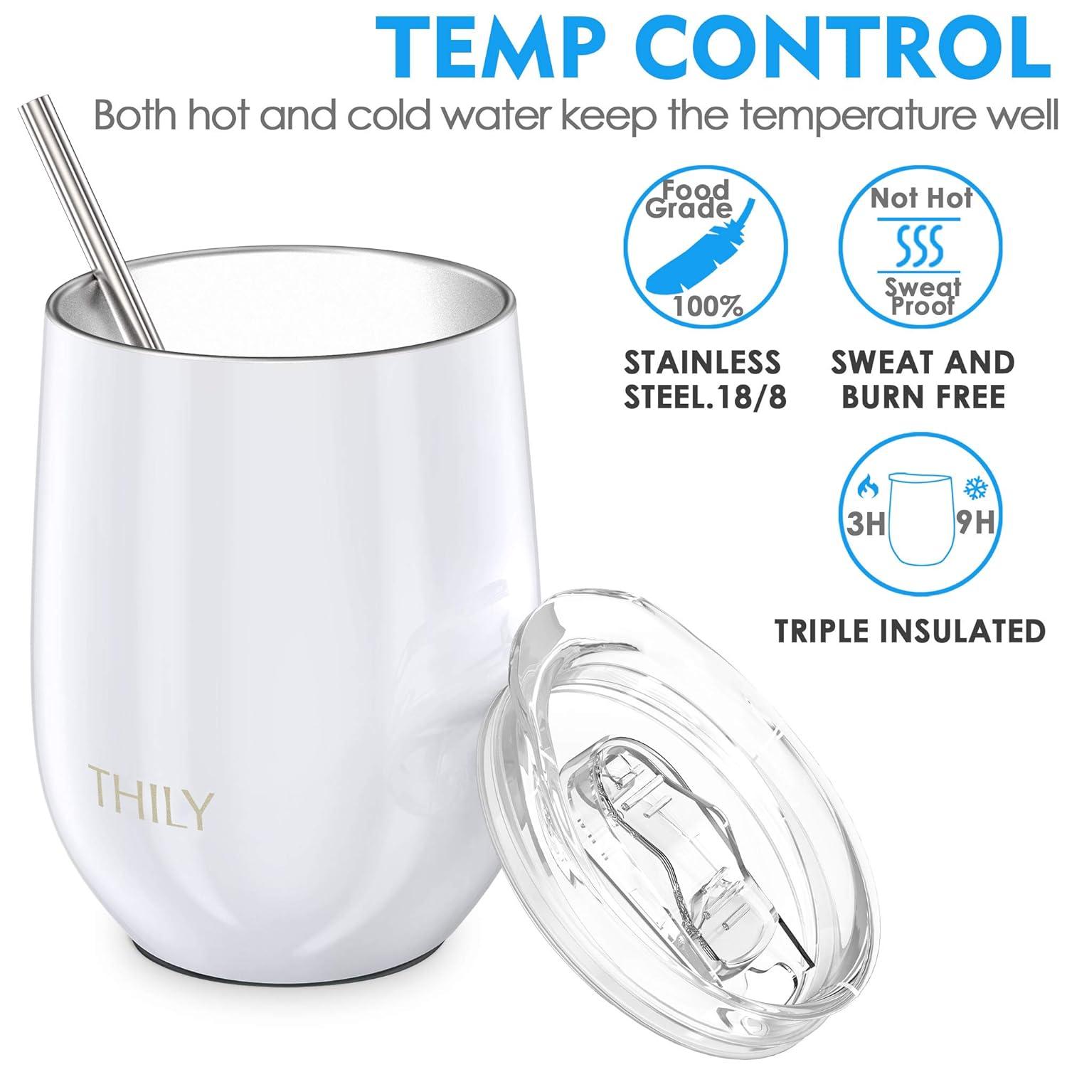 Stainless Steel Insulated Wine Tumbler - THILY 4 Pack Stemless Wine Glasses Set with Splash-proof Lids, Metal Straws, Reusable, Keep Cold for Coffee, Drinks, Cocktails, Christmas Gifts, Pearl White