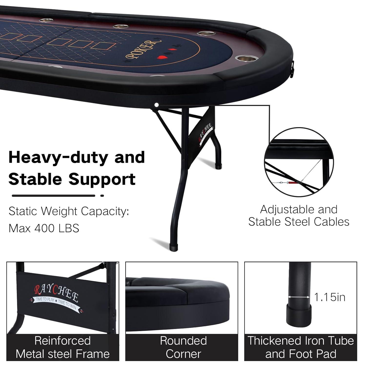 RayChee 86" Folding 10 Player Poker Table, Foldable Texas Holdem Table for Game Room with Padded Rails and Cup Holders, No Assembly Required