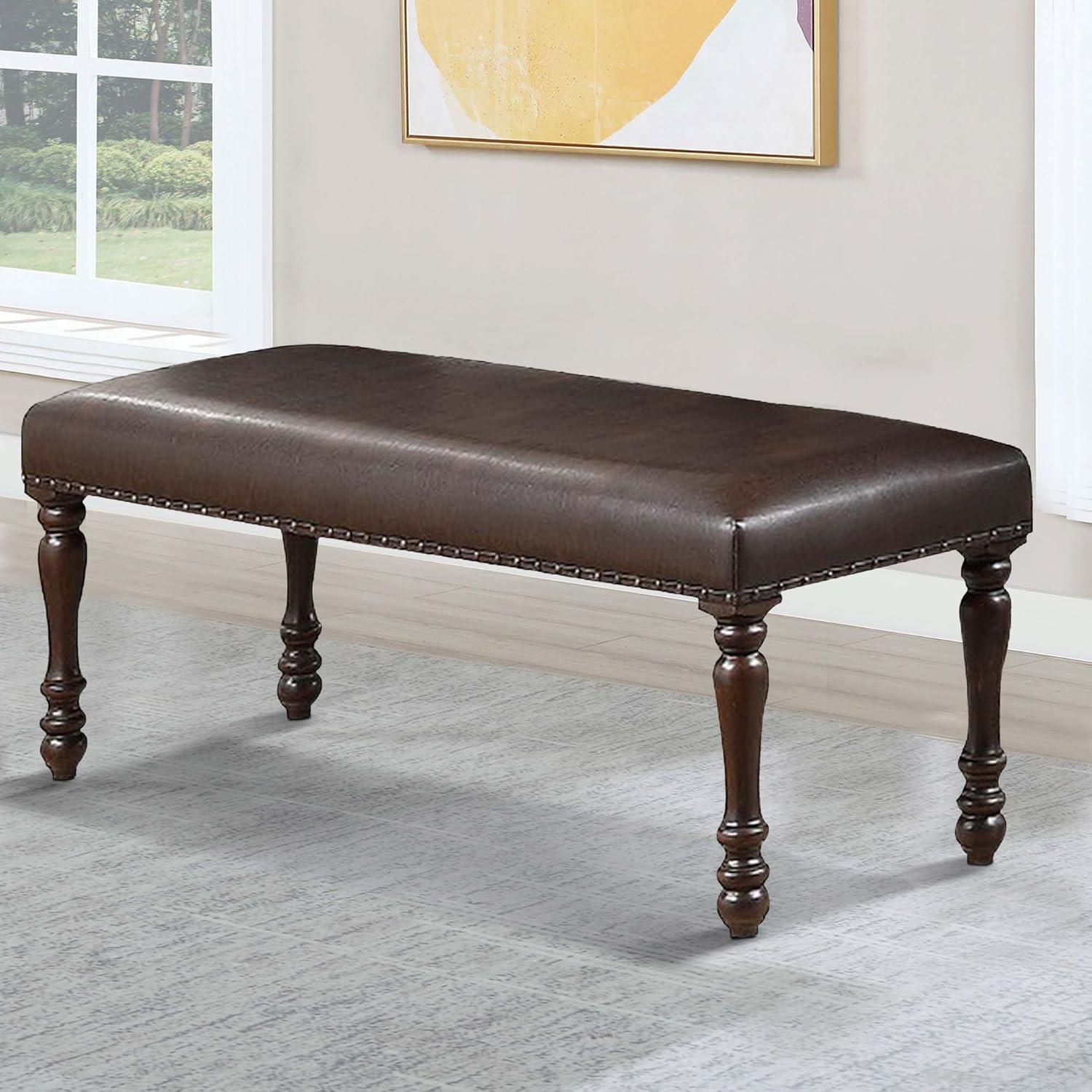 Nailhead Trim Faux Leather Dining Bench with Turned Legs Brown - Saltoro Sherpi