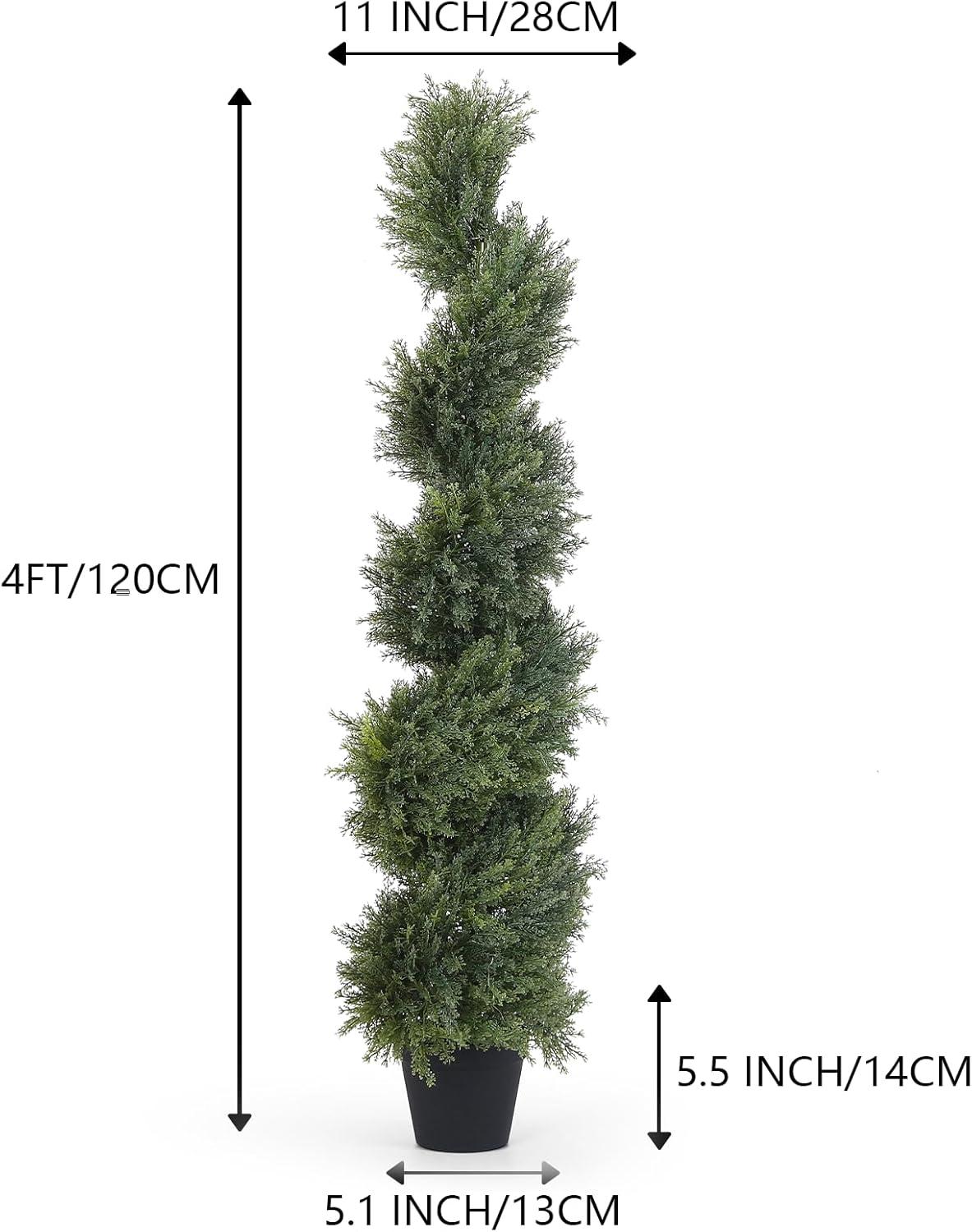 48-Inch Green Plastic Cedar Spiral Topiary Trees in Black Pots, Set of 2