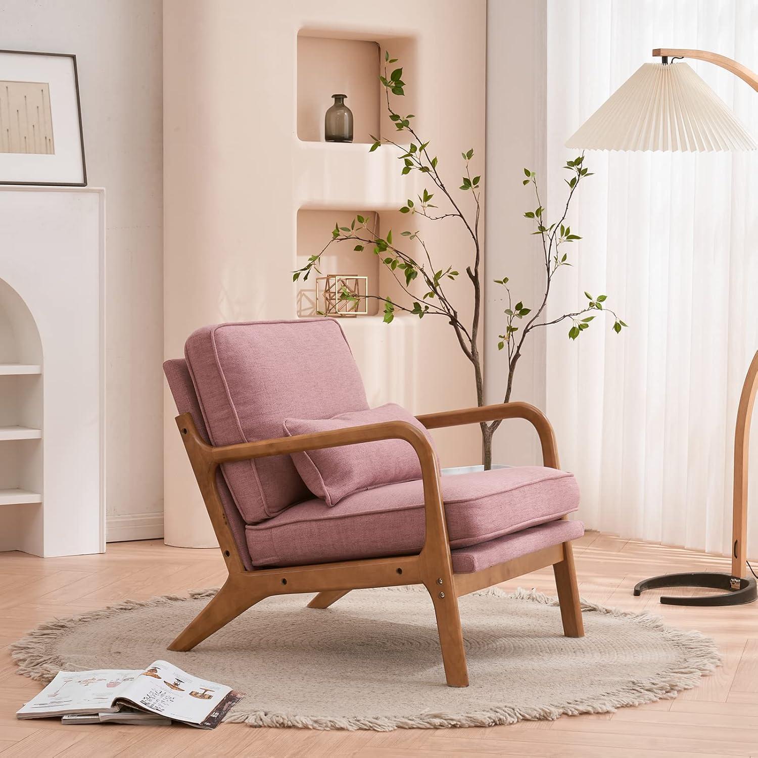 George Oliver Lemley Mid Century Solid Wood Accent Chair Upholstered Armchair with an Extra Pillow