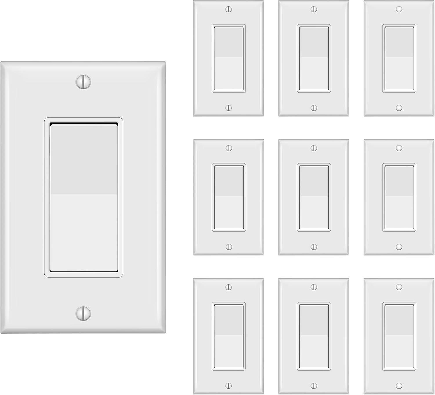 Decorator Switch with Wall Plate, Single Pole Rocker Light Switch, Grounding Screw, Residential Grade, 15A 120V/277V, UL Listed, YX-S001-10PACK, White (10 Pack)