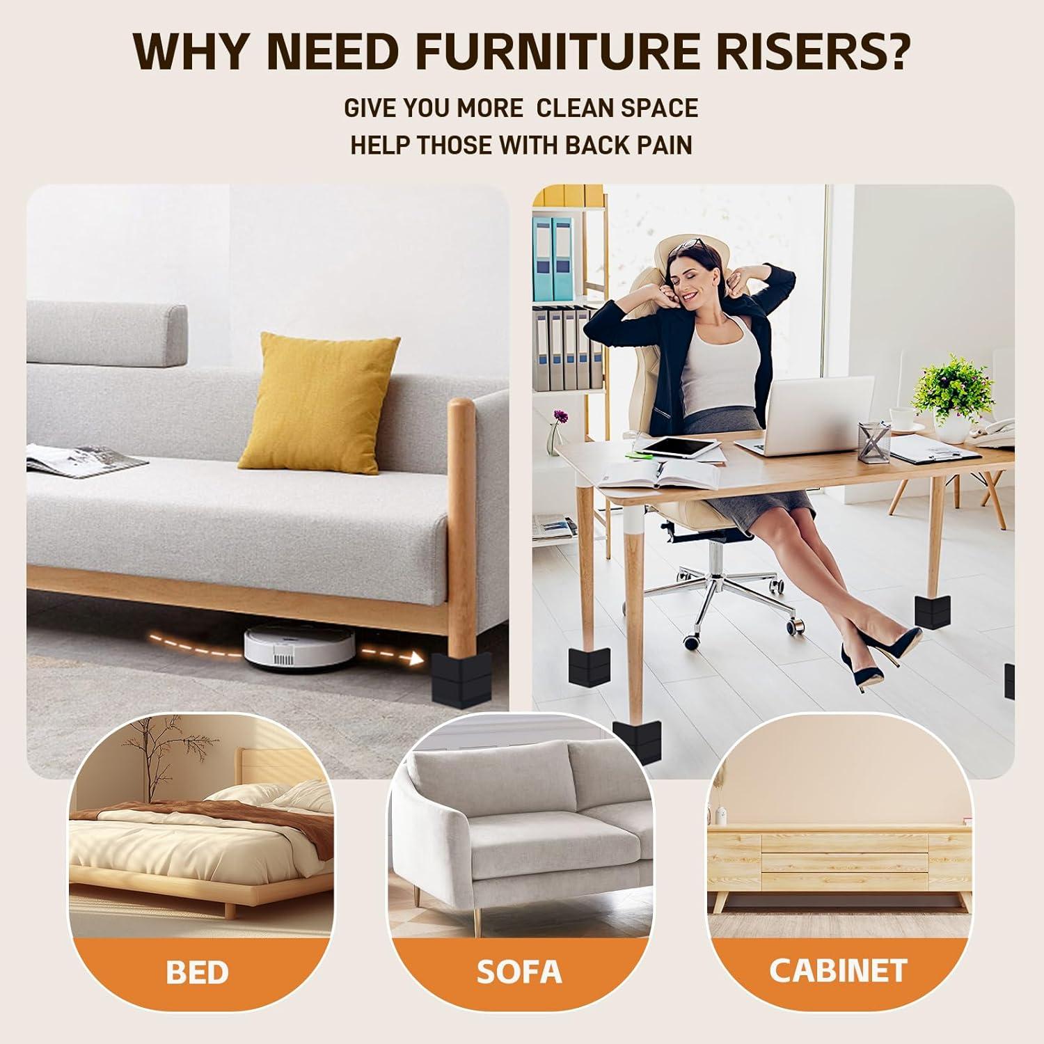 4 Pack Black Adjustable Bed Risers (1 or 3 Inch) for Dorm Beds, Sofas, and Furniture Elevation.