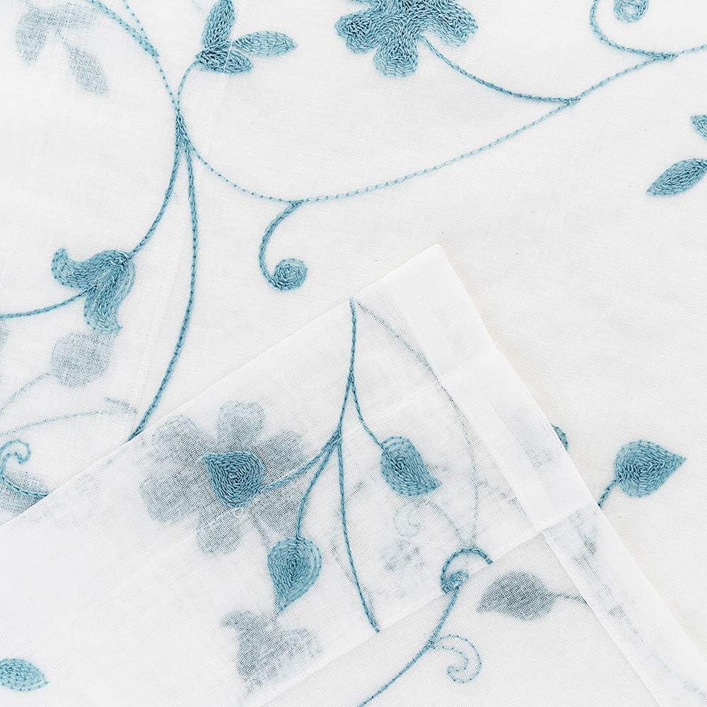 Blue Floral Embroidery Sheer Rod Pocket Curtains, 52" x 63"