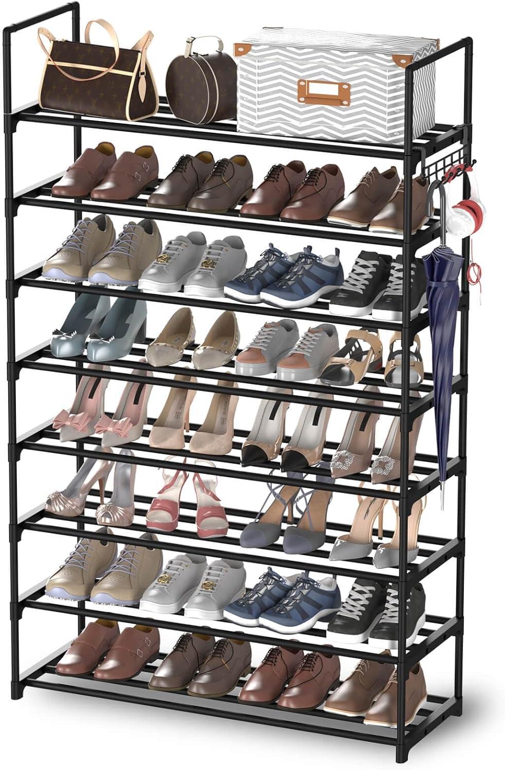 8-Tier Black Metal Stackable Shoe Rack with Hooks