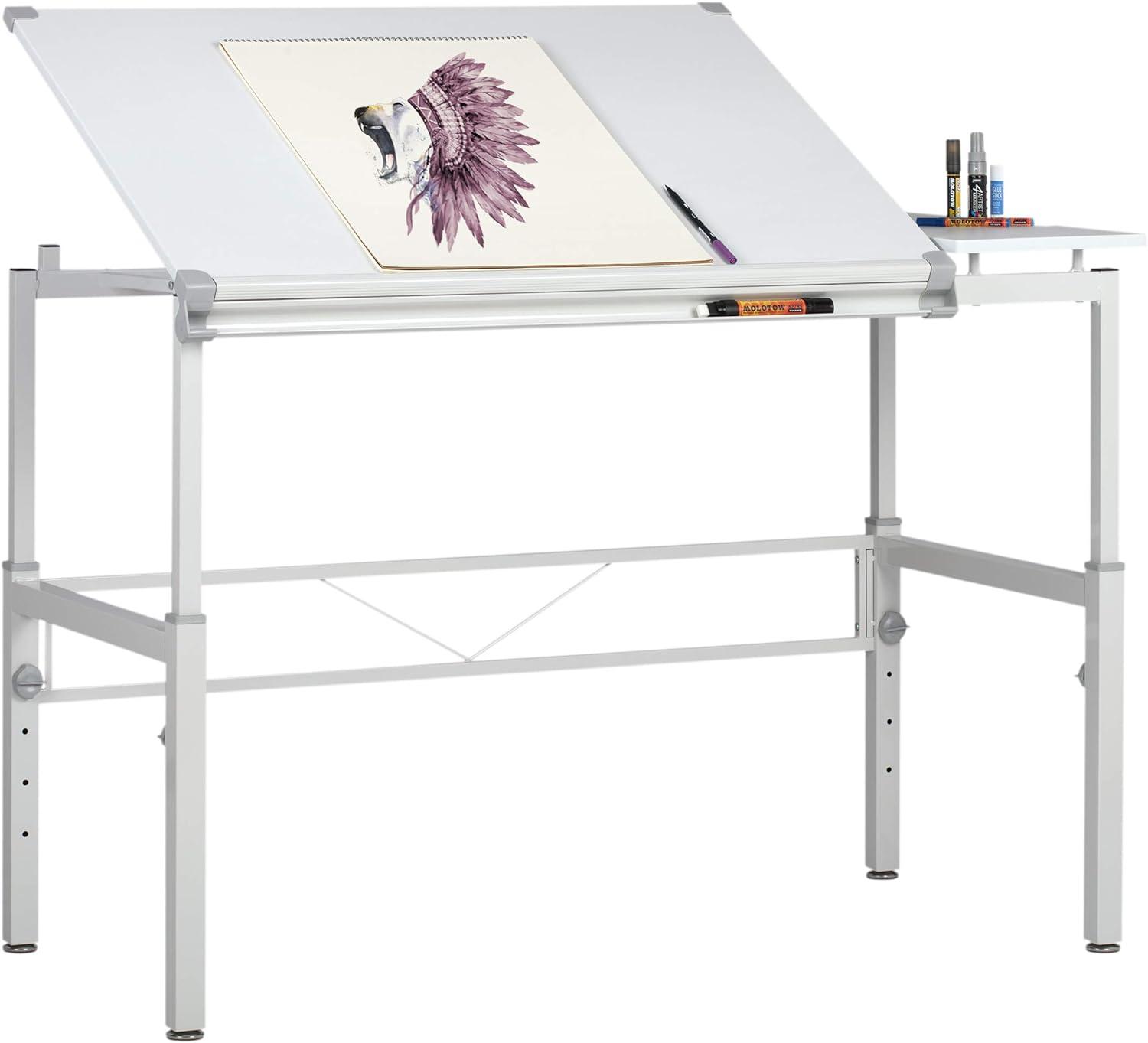 Adjustable White Wood Crafting Desk with Dual Top and Drawer