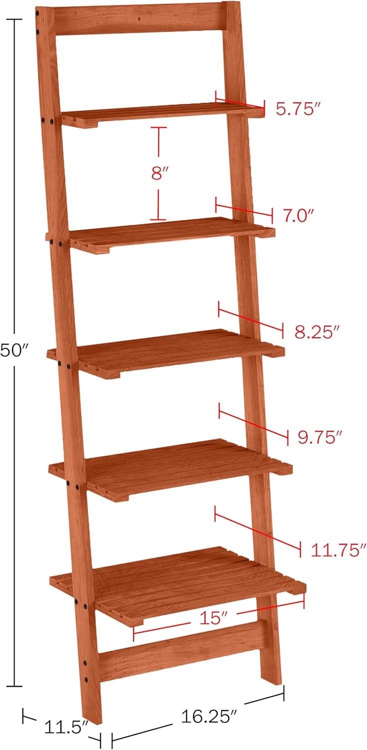 Cherry Painted Wood 5-Tier Leaning Ladder Bookshelf