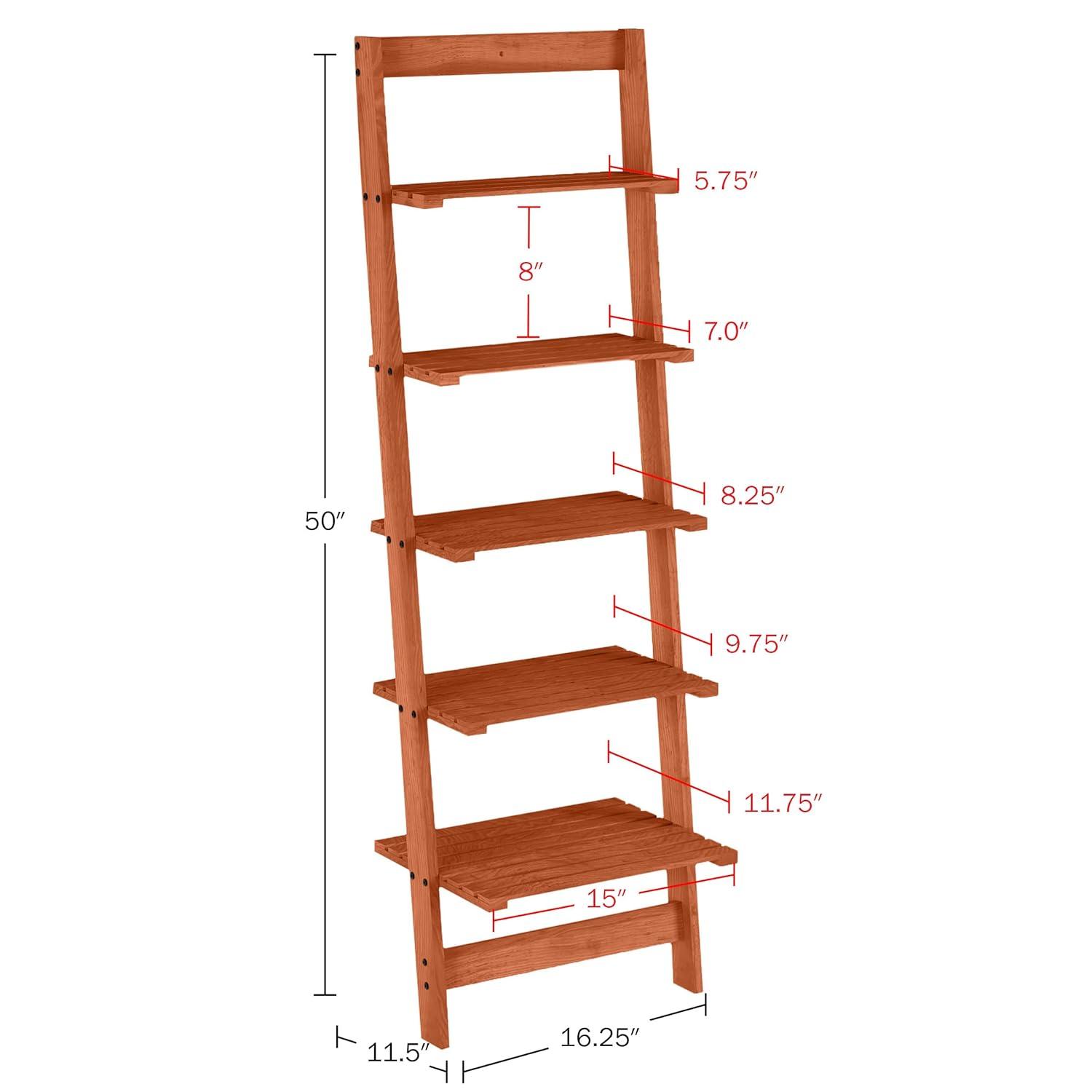 Cherry Painted Wood 5-Tier Leaning Ladder Bookshelf