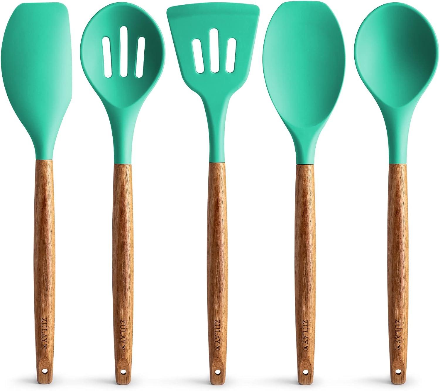 Mint Silicone and Acacia Wood 5-Piece Cooking Utensil Set