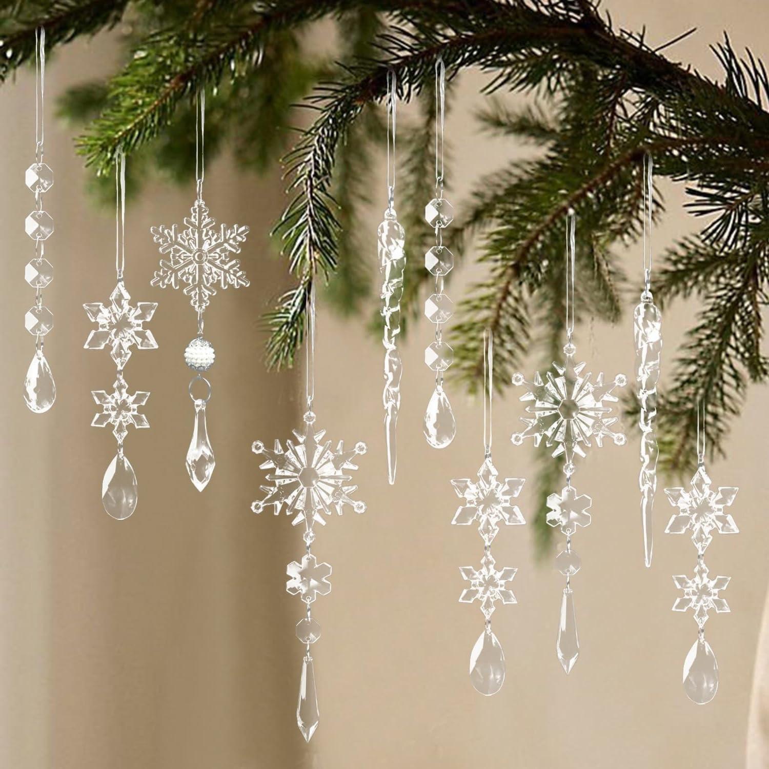 Meottam 18 Pieces Christmas Tree Ornaments - Hanging Acrylic Snowflake Icicle Drop Hanging Ornaments for Party Decor Christmas Wedding Birthday Winter Decor (Iridescent)