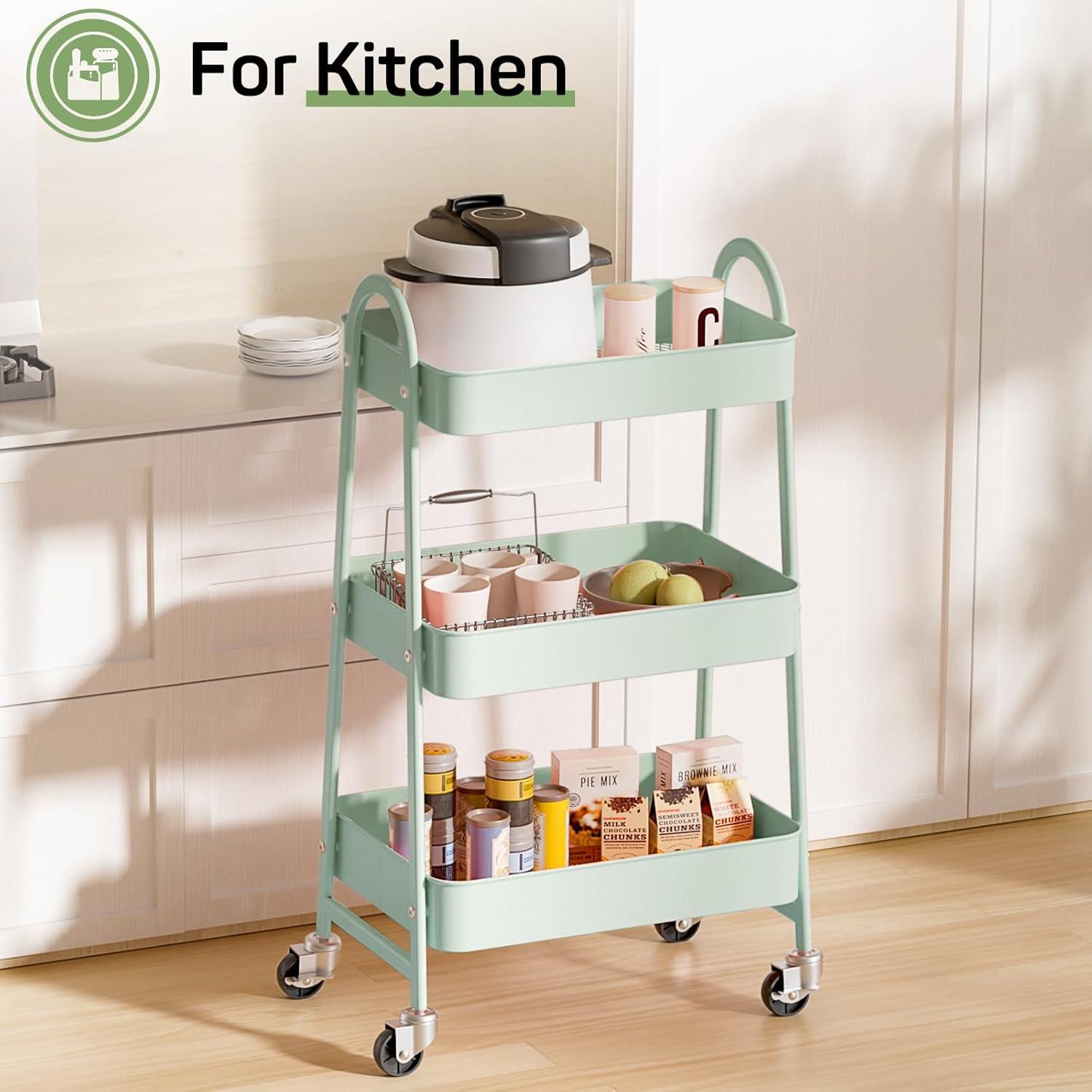 edx 3 Tier Rolling Cart, Metal Utility Cart Storage Organizer with Lockable Casters, Multi-Functional Mesh Rolling Storage Cart for Kitchen Office, Green