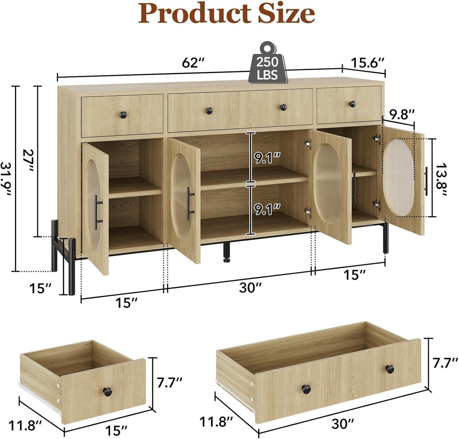 Kselythan Buffet Cabinet with Storage,62'' Large Sideboard Buffet Cabinet with 3 Drawers and 4 Fluted Glass Doors,Wooden Buffet Cabinet Coffee Bar Storage Cabinet Buffet Table for Dinning Room