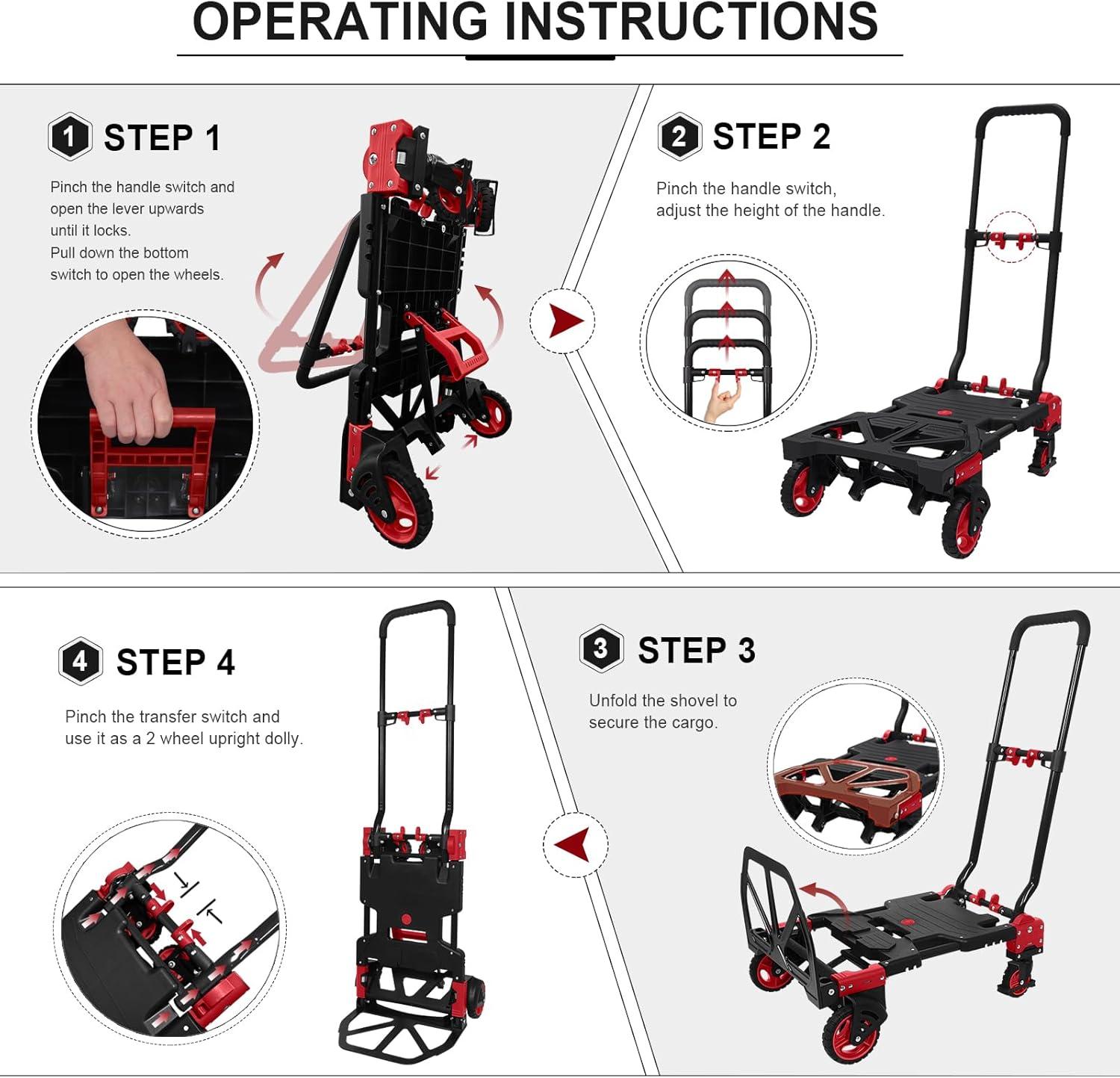 Arlopu 2 in 1 Foldable Hand Truck Dolly with Basket, 330LBS Capacity Folding Hand Cart Platform Cart Dolly with Retractable Handle, Rubber Wheels and 2 Elastic Ropes