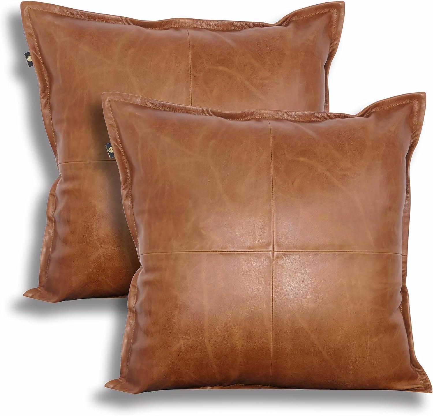 Hilason Set Of 2 Genuine Antique Vintage  Leather Pillow Cushion Cover