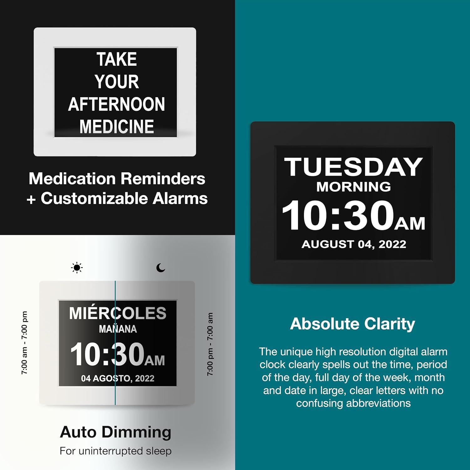 American Lifetime, Premium Version, Day Clock Extra Large Impaired Vision Digital Clock with Battery Backup and 5 Alarm Options, Limited Edition Black Polished Metal Frame