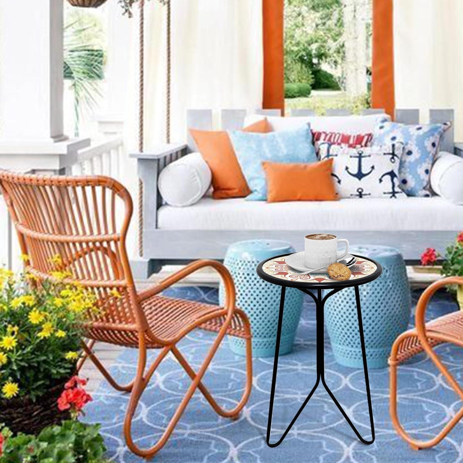 Orange Metal and Glass Round Outdoor End Table