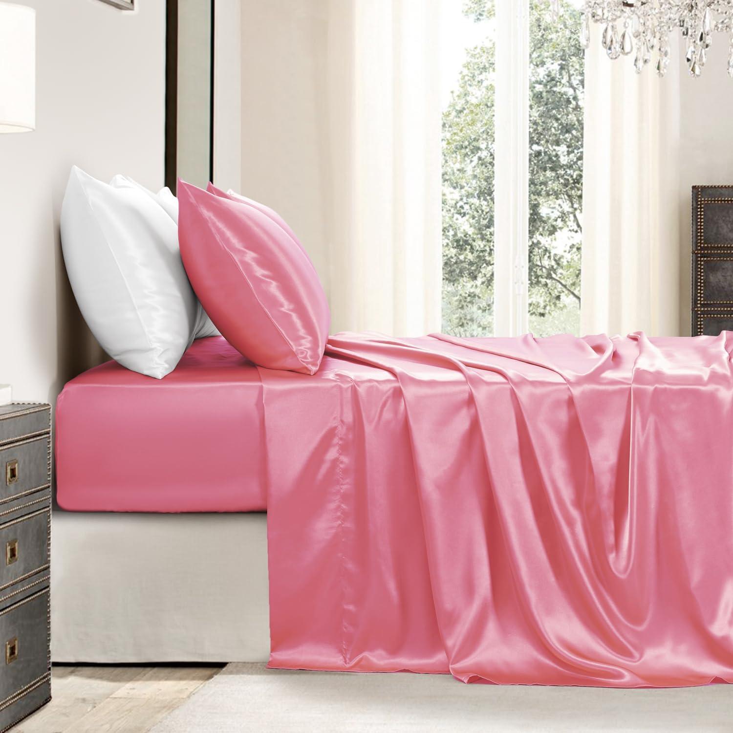 Blush Pink Queen Satin Deep Pocket Bed Sheet Set