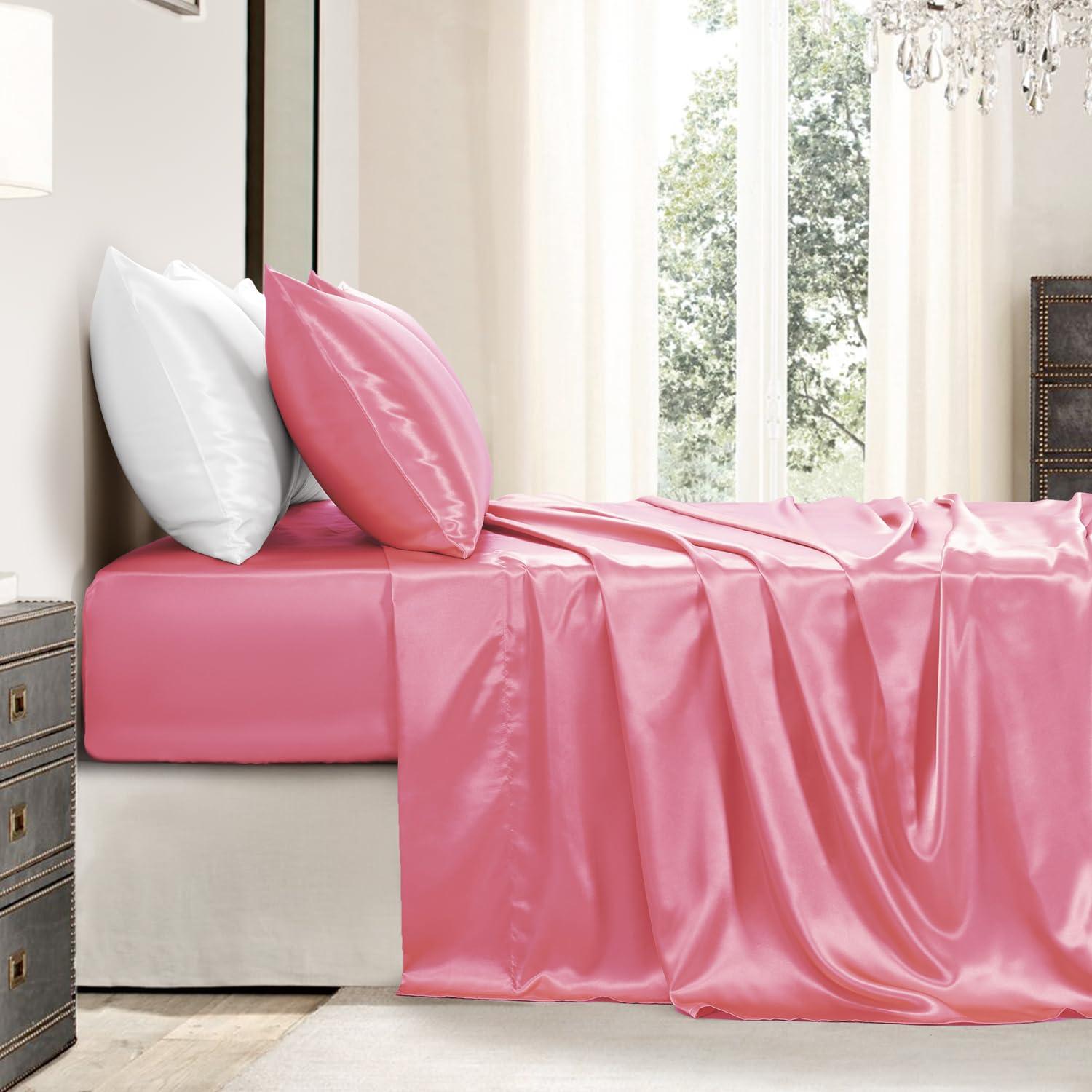 Homiest 4pcs Satin Sheets Set Luxury Silky Satin Bedding Set with Deep Pocket, 1 Fitted Sheet + 1 Flat Sheet + 2 Pillowcases (Queen Size, Blush Pink)