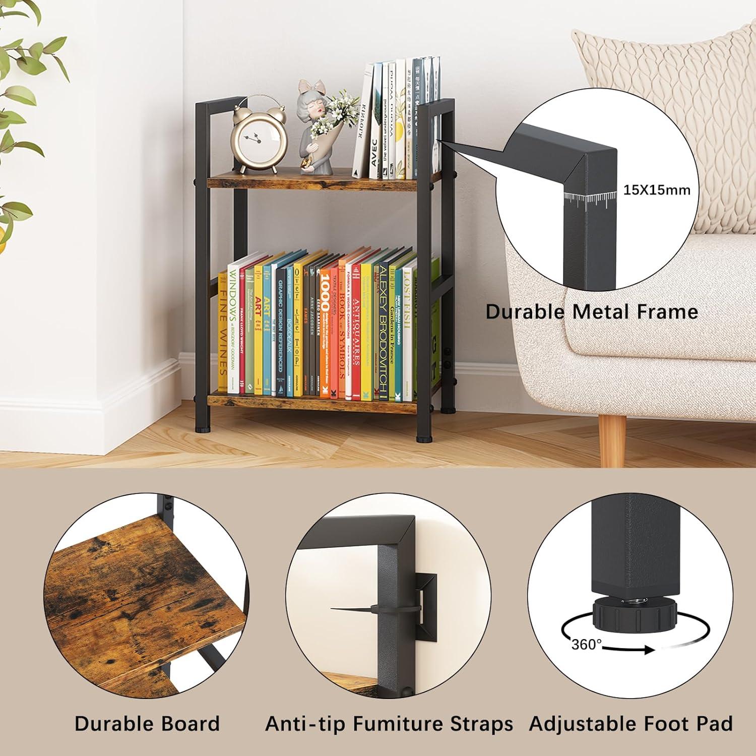 Small Bookshelf for Small Space, 2 Tier Industrial Bookcase,Narrow Book Case Storage Organizer Book Shelf for Living Room, Bedroom and Office, Easy Assembly(2 Tier,Rustic Brown)