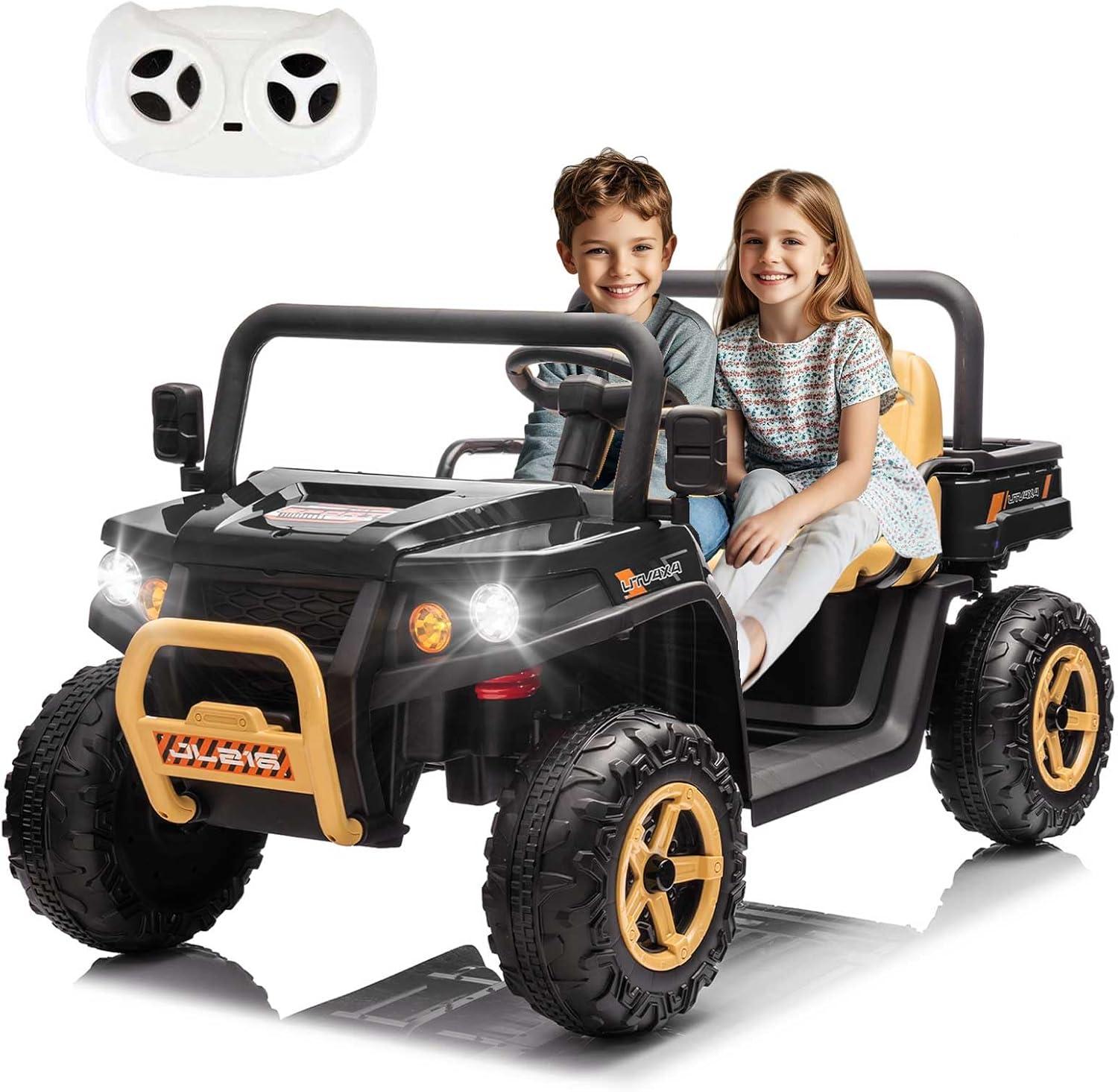 EastVita 24V 2 Seater Ride On Dump Truck, Battery Powered UTV for Kids, Ride On Car Toys with Remote Control, EVA Tires, 4WD Electric Vehicle with Headlights