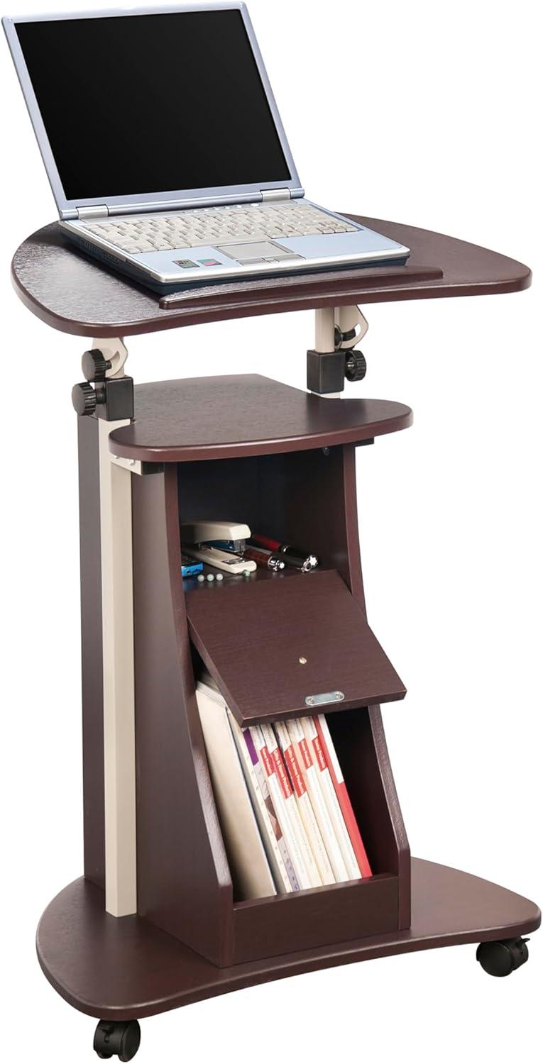Techni Mobili Sit-to-Stand Rolling Adjustable Laptop Cart With Storage, Chocolate, RTA-B005-CH36