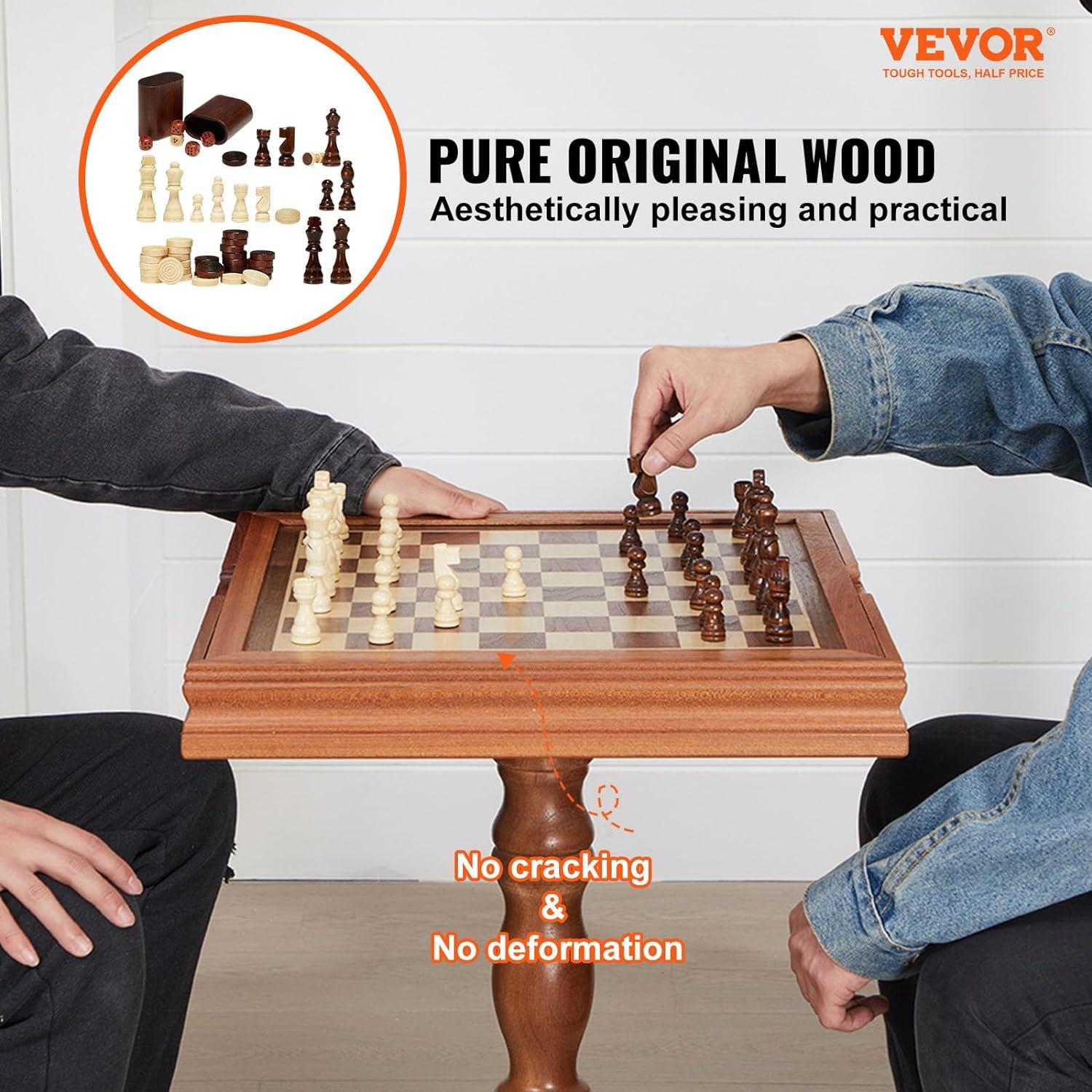 GSE Wooden 3-in-1 Chess Checkers Backgammon Table, Chess Checkers Backgammon Combo Game Set
