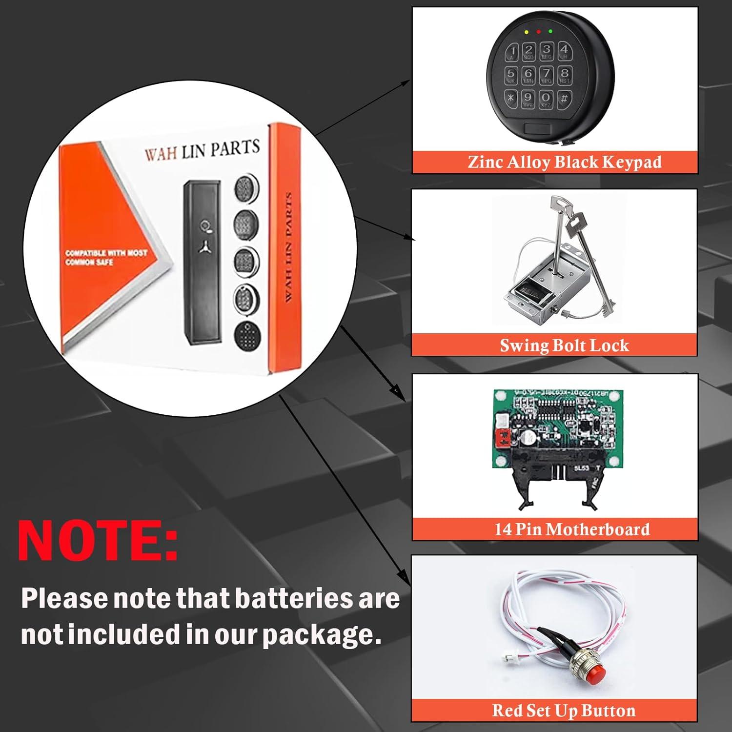 WAH LIN PARTS Gun Safe Lock Replacement Chrome Keypad DIY Safe Electronic Lock with Solenoid 2 Override Keys, Fireproof Electronic Box Lock