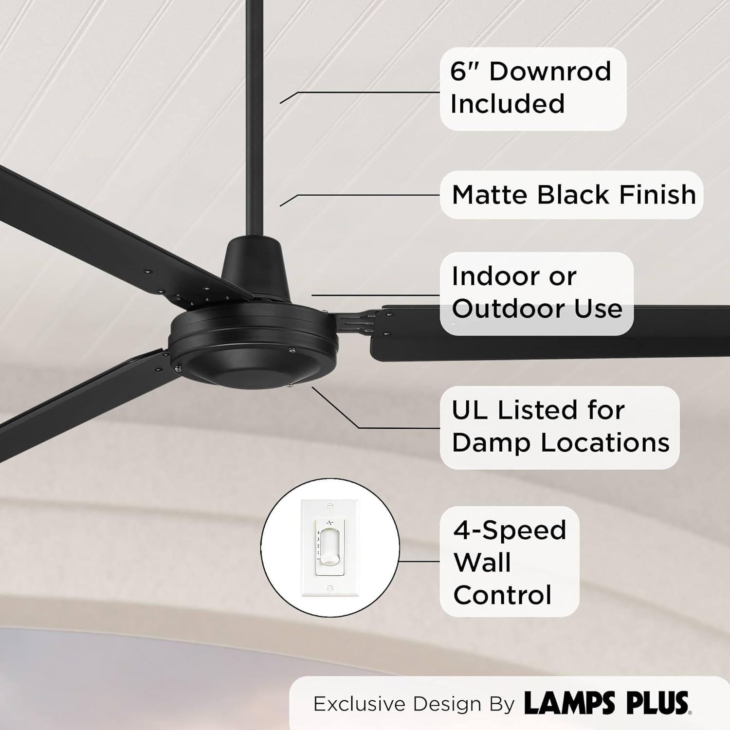 Casa Vieja 72" Casa Velocity Large Modern Indoor Outdoor Ceiling Fan 3 Blade Wall Control Matte Black Finish Bedroom Living Room Damp Rated