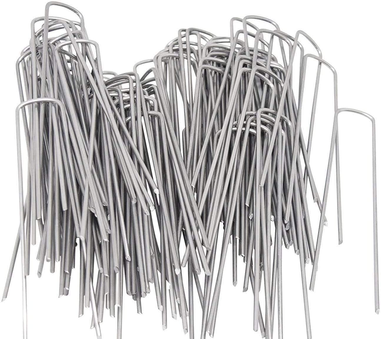 AAGUT 50PCS 6" 11 Gauge Garden Stakes Pins, Landscape Staples U-Shaped Galvanized Lawn Stakes, Silver